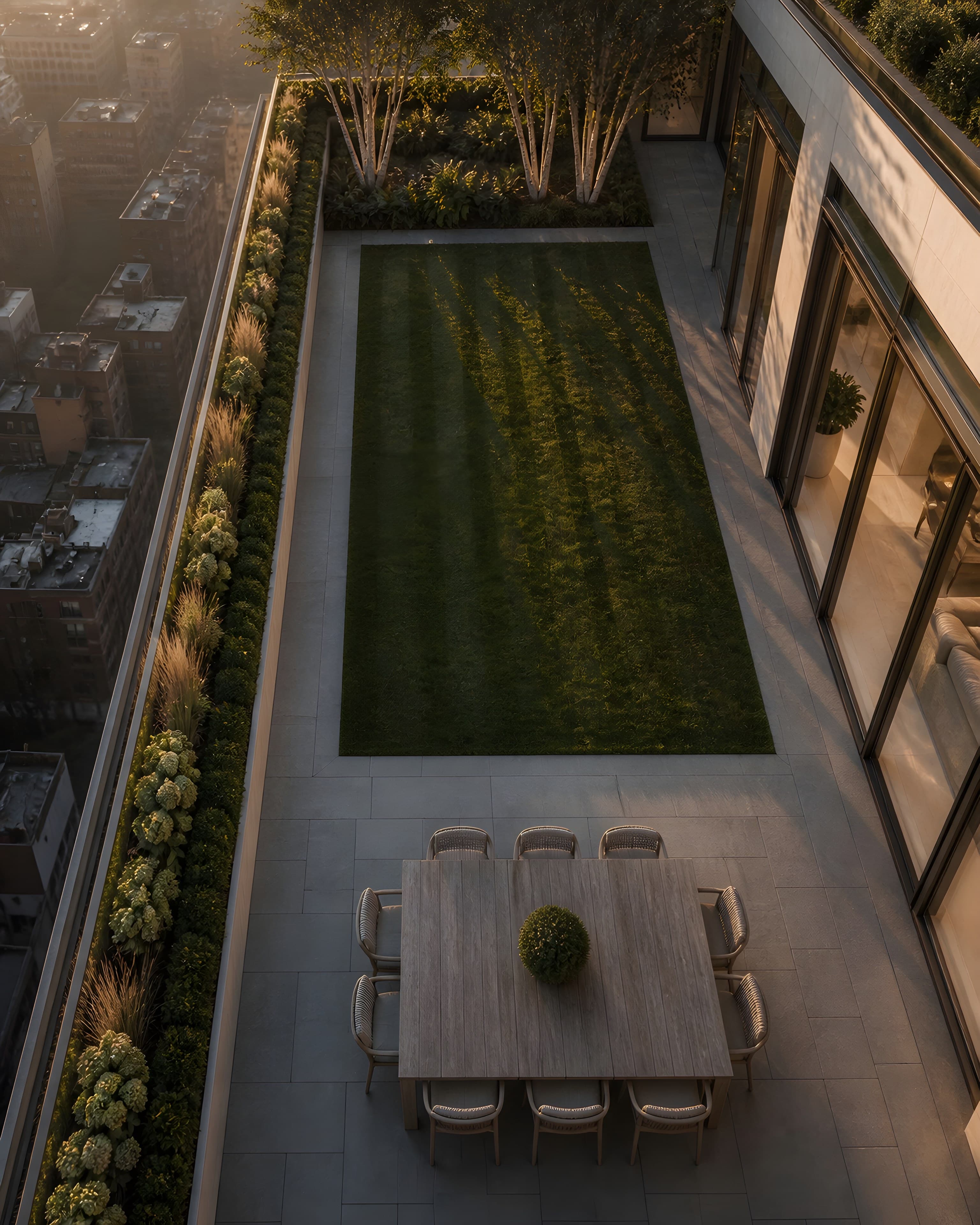 The south terrace from above, reading as three outdoor rooms: a dining terrace, a mown lawn panel with cut stripes, and a grove of multi-stem birch, with a planted border along the outer edge