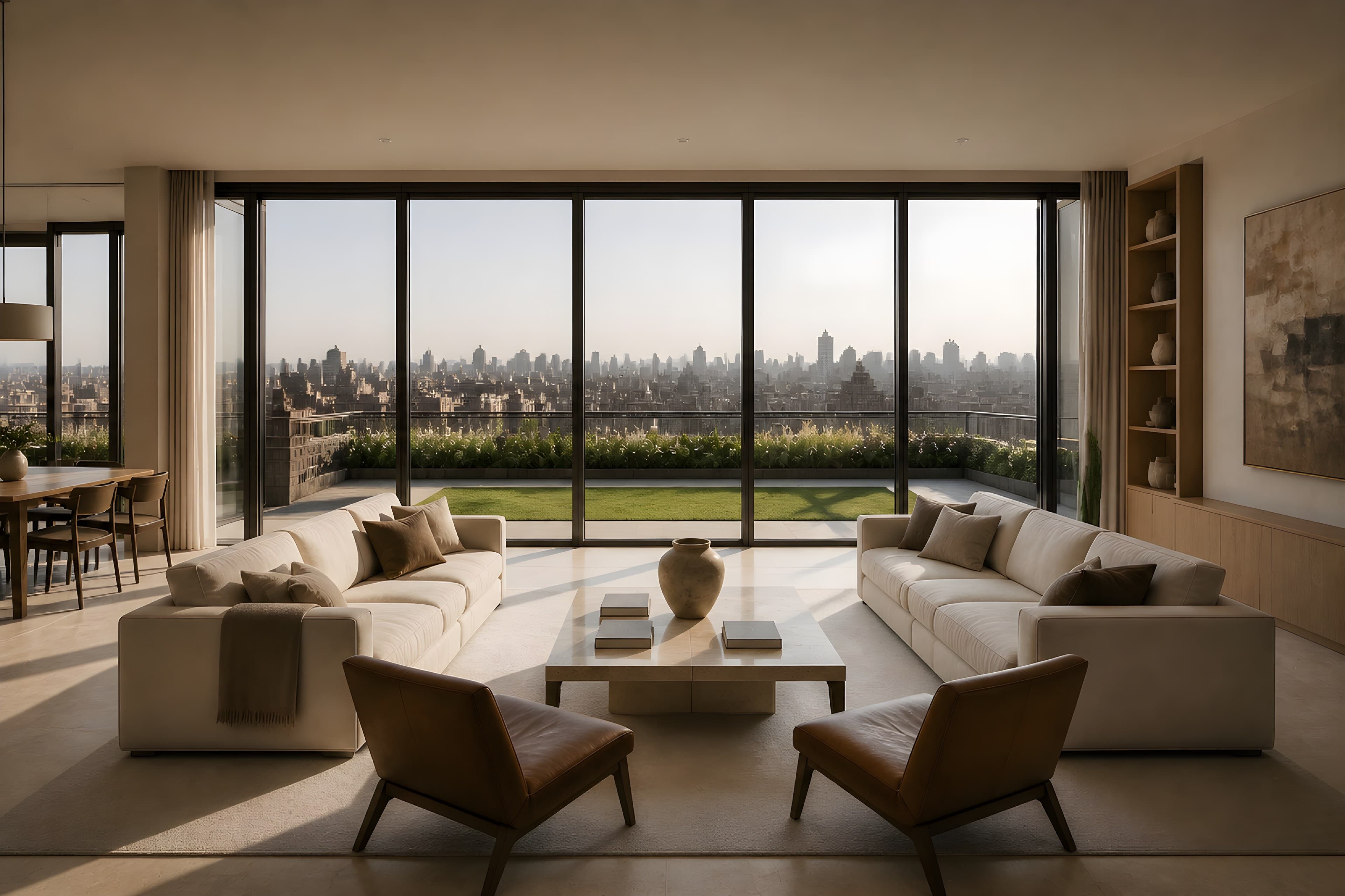 The great room looking south at a forty-foot wall of full-height glazing onto the terrace, pale limestone floors, plaster walls, and the city beyond