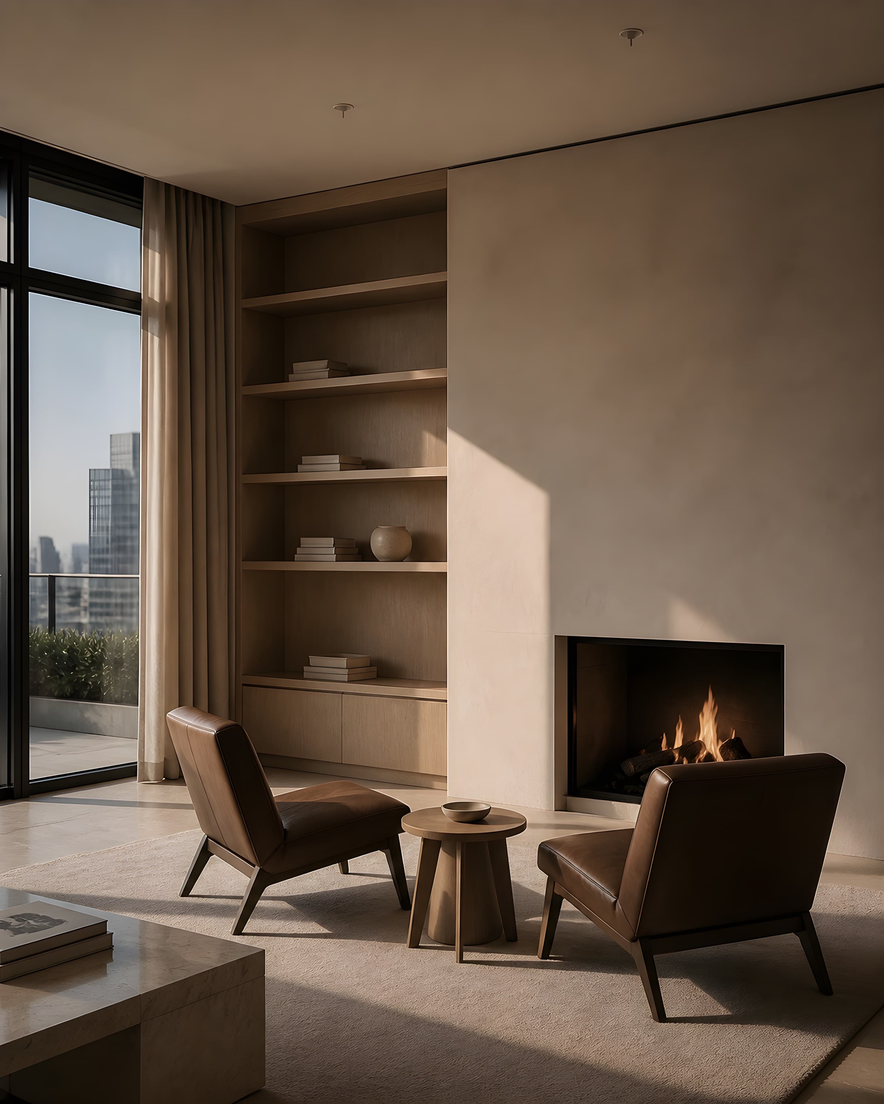 The inner corner of the great room with a bronze-framed fireplace set into plaster, oak shelving, and leather chairs drawn up to the fire