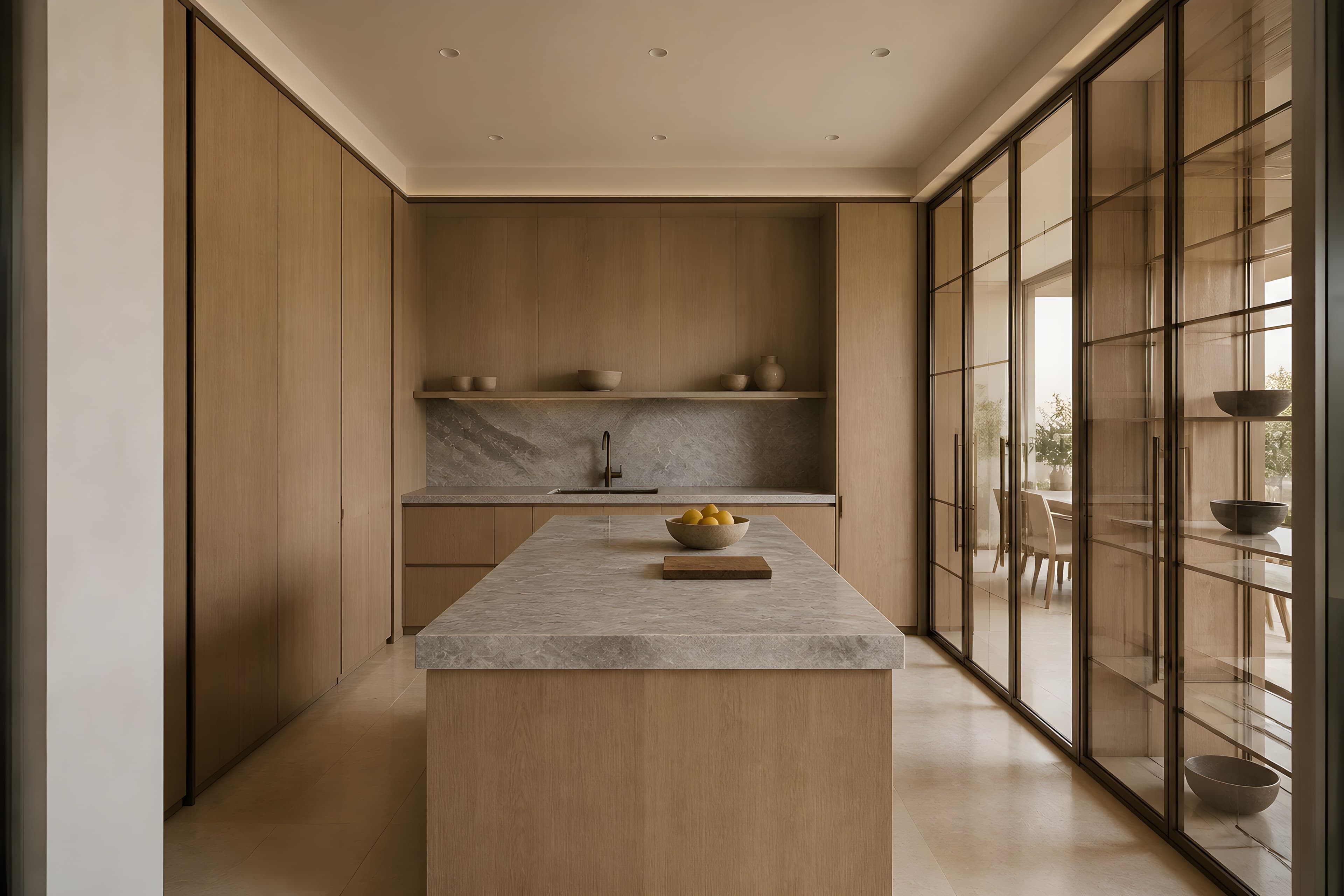 The kitchen against the building core with a marble island, full-height pale oak cabinetry, and daylight arriving through a glazed pantry wall