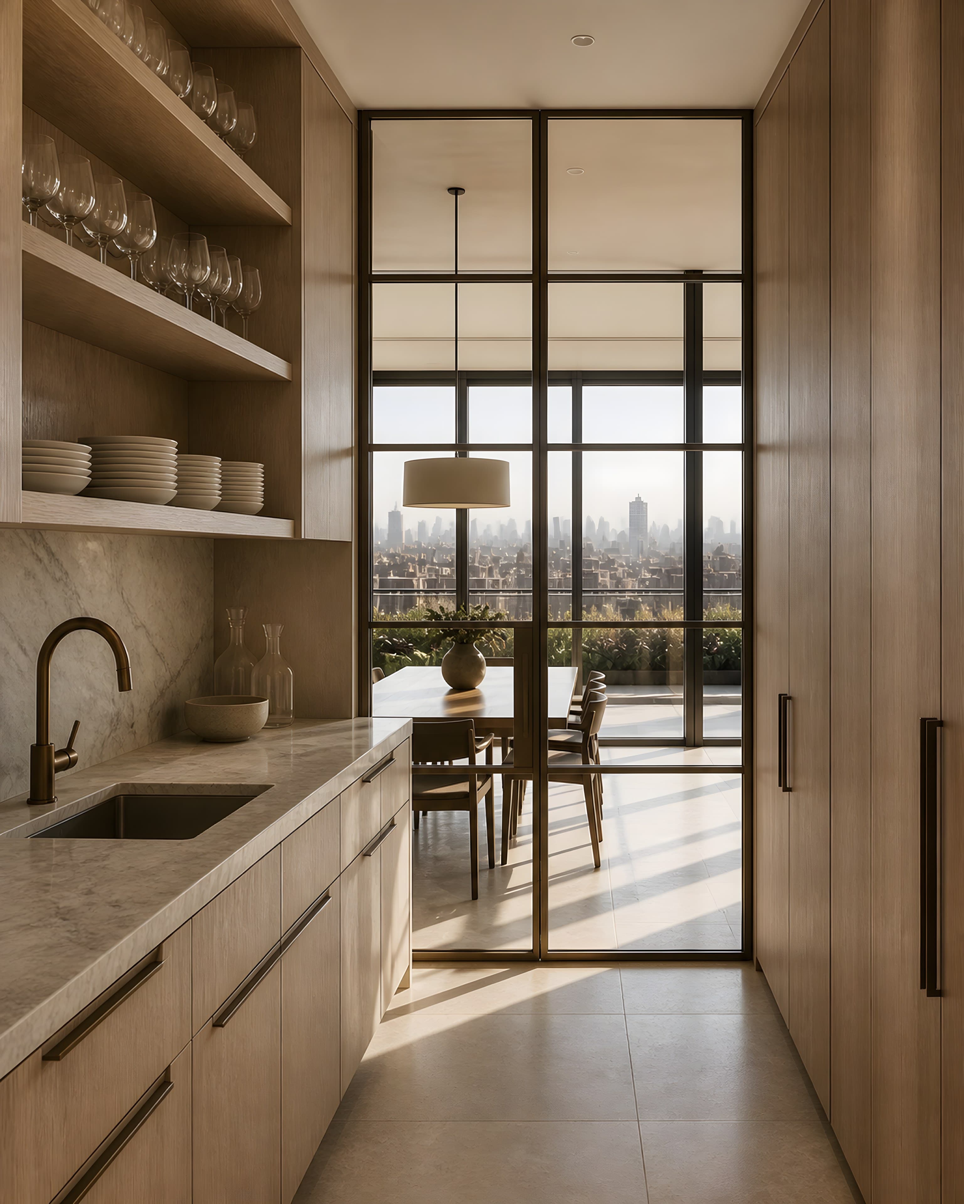 The butler’s pantry lined in pale oak with glassware and stacked plates, its far wall glazed into the dining room with the city visible beyond