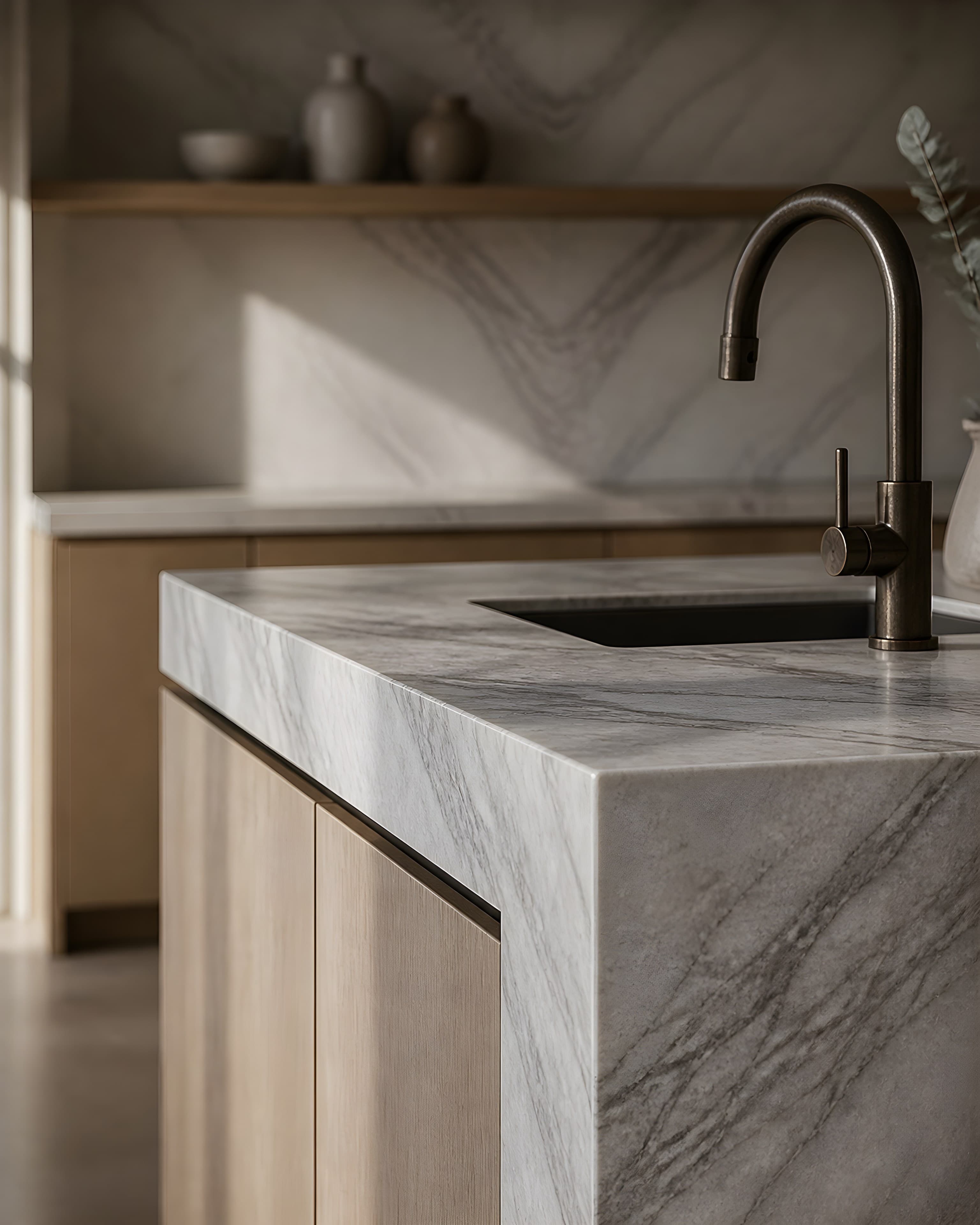 Close detail of the marble island corner with a mitred edge showing three inches of thickness, veining running over the corner, and a bronze mixer tap