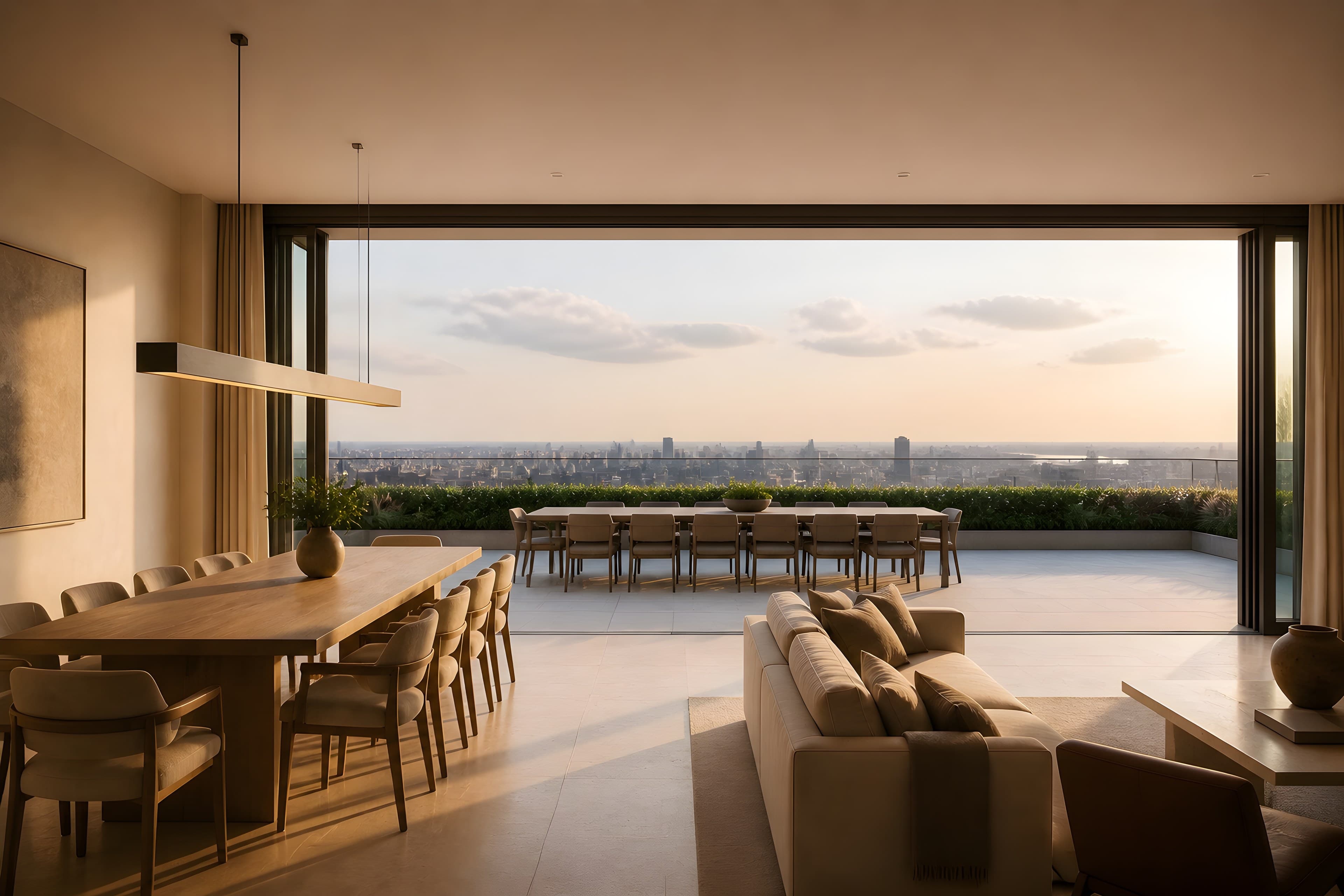 The dining room with its glazed panels slid fully open onto the terrace, the interior limestone and exterior bluestone meeting flush, a table for ten outside