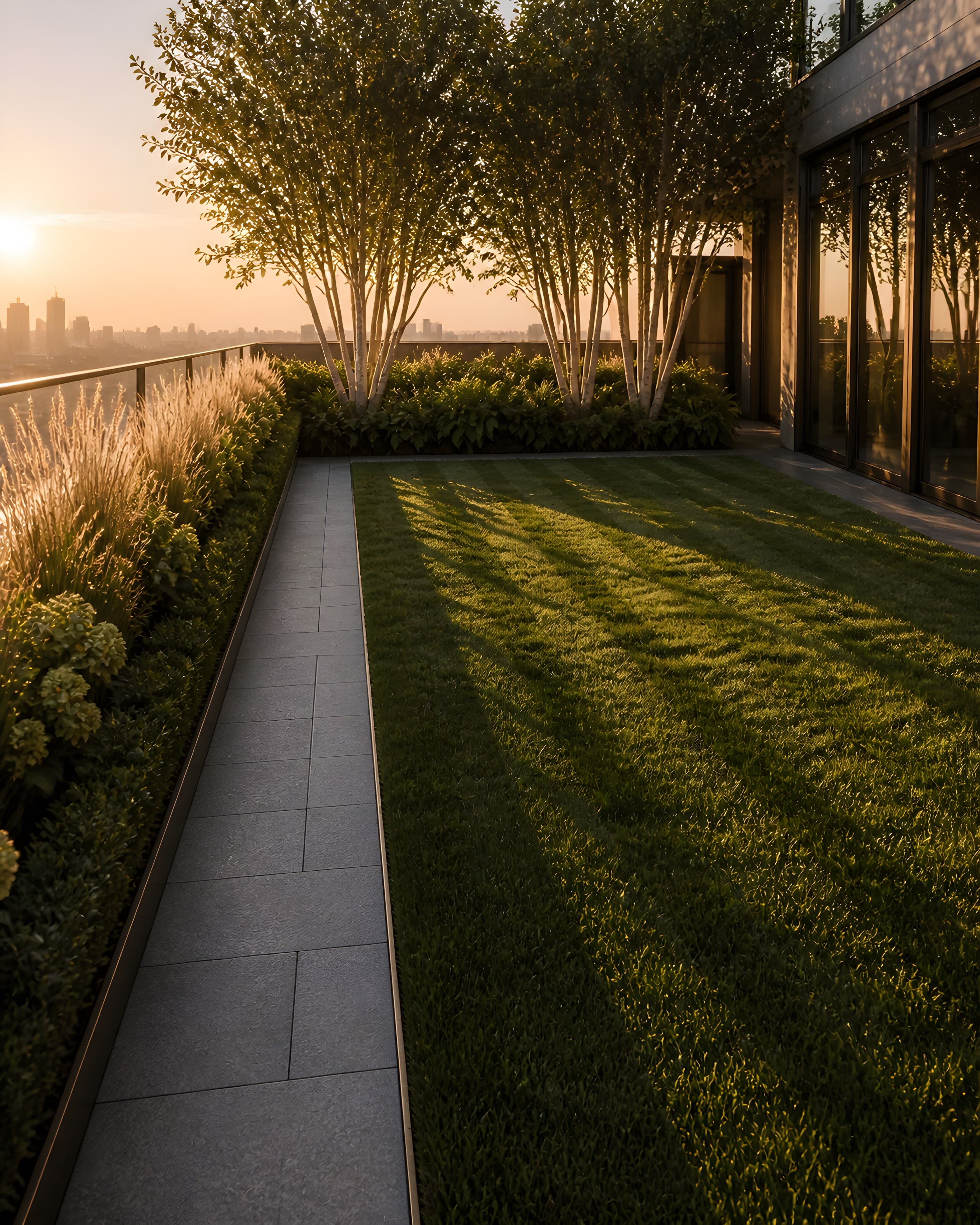 The mown lawn panel photographed low along the terrace, birch grove beyond, backlit ornamental grasses along the outer planter and the city dropping away past the railing