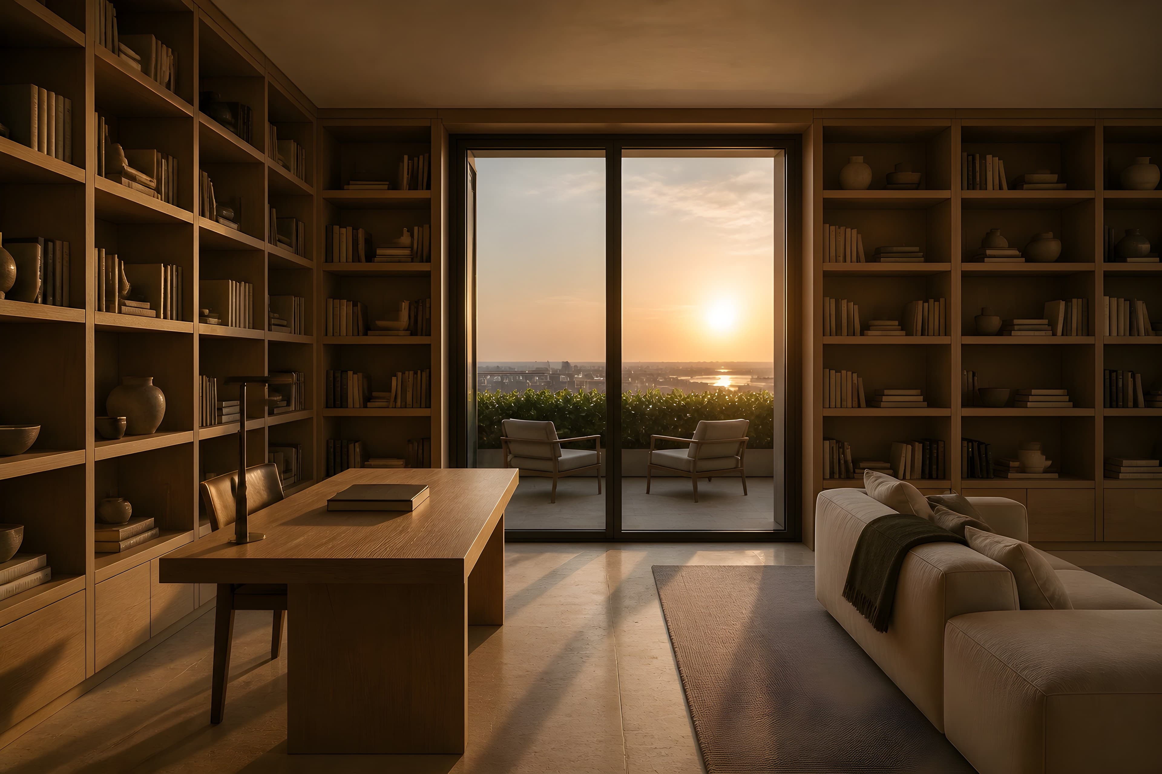 The library at the west end lined on three walls in pale oak shelving, a glazed door open to the small west terrace, low western sun flooding the room