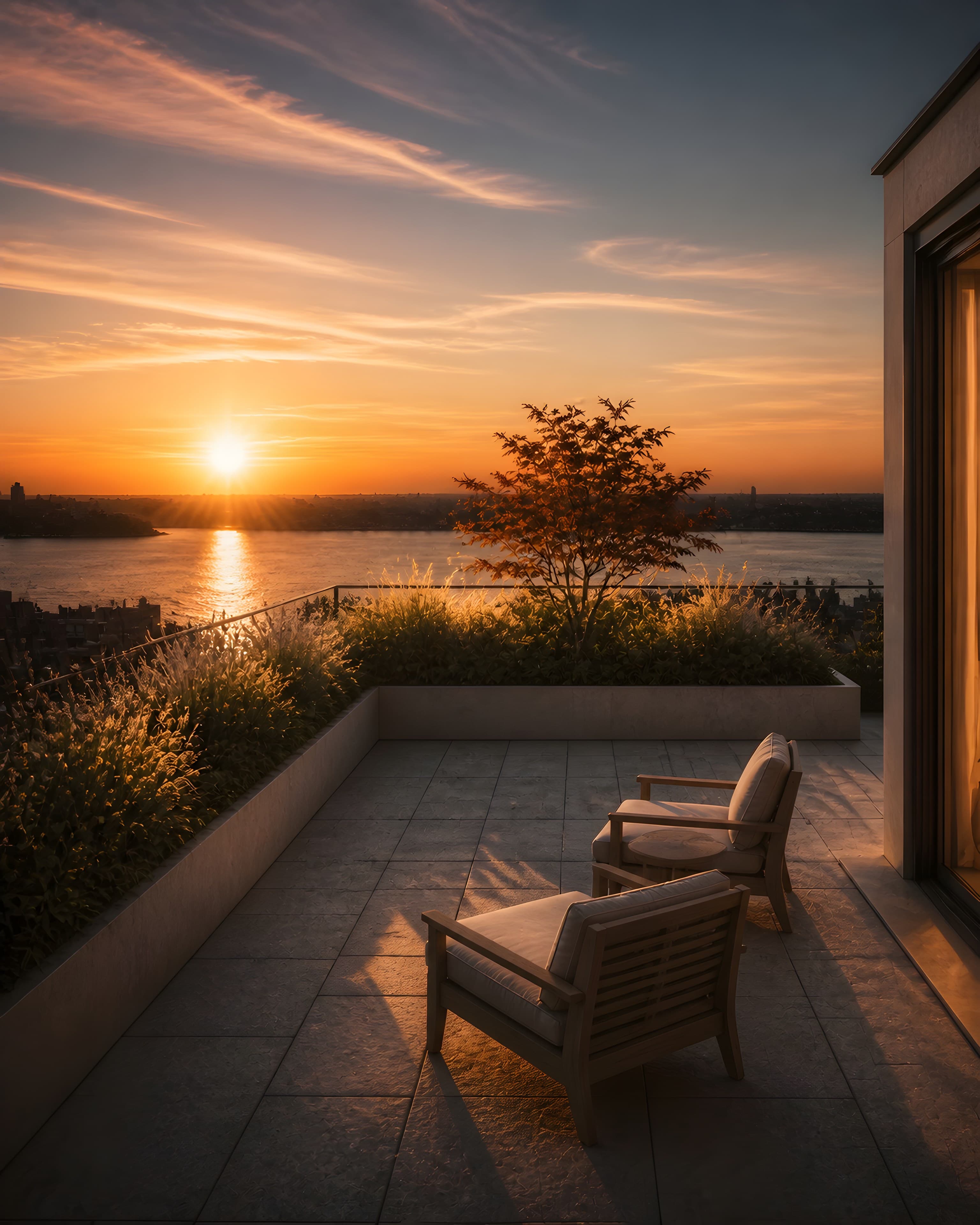 The small west terrace at sunset, two teak chairs facing the Hudson, ornamental grasses and a Japanese maple backlit, the river gold below