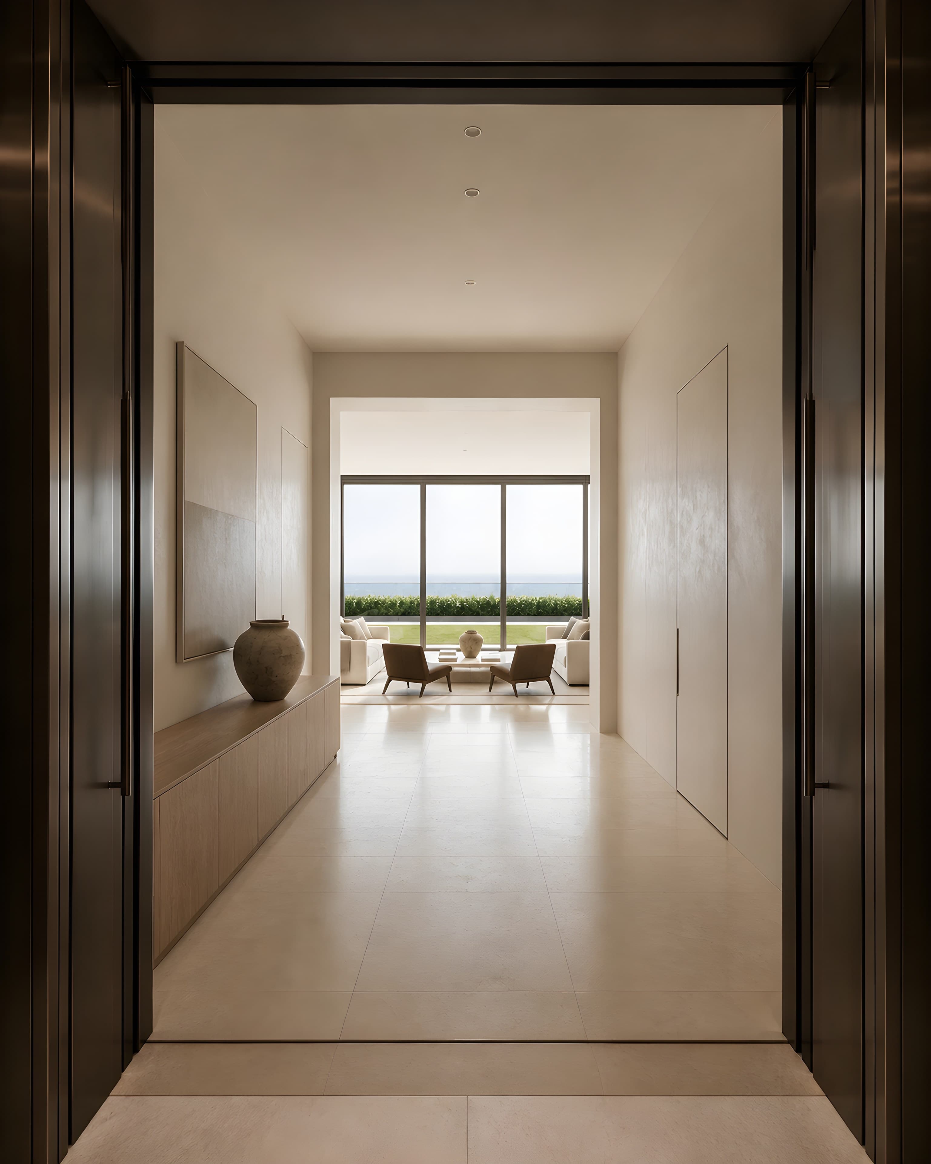 The bronze-clad private elevator opening directly into the entrance gallery, the axis running the full depth of the residence to the glazed south wall and the terrace planting beyond