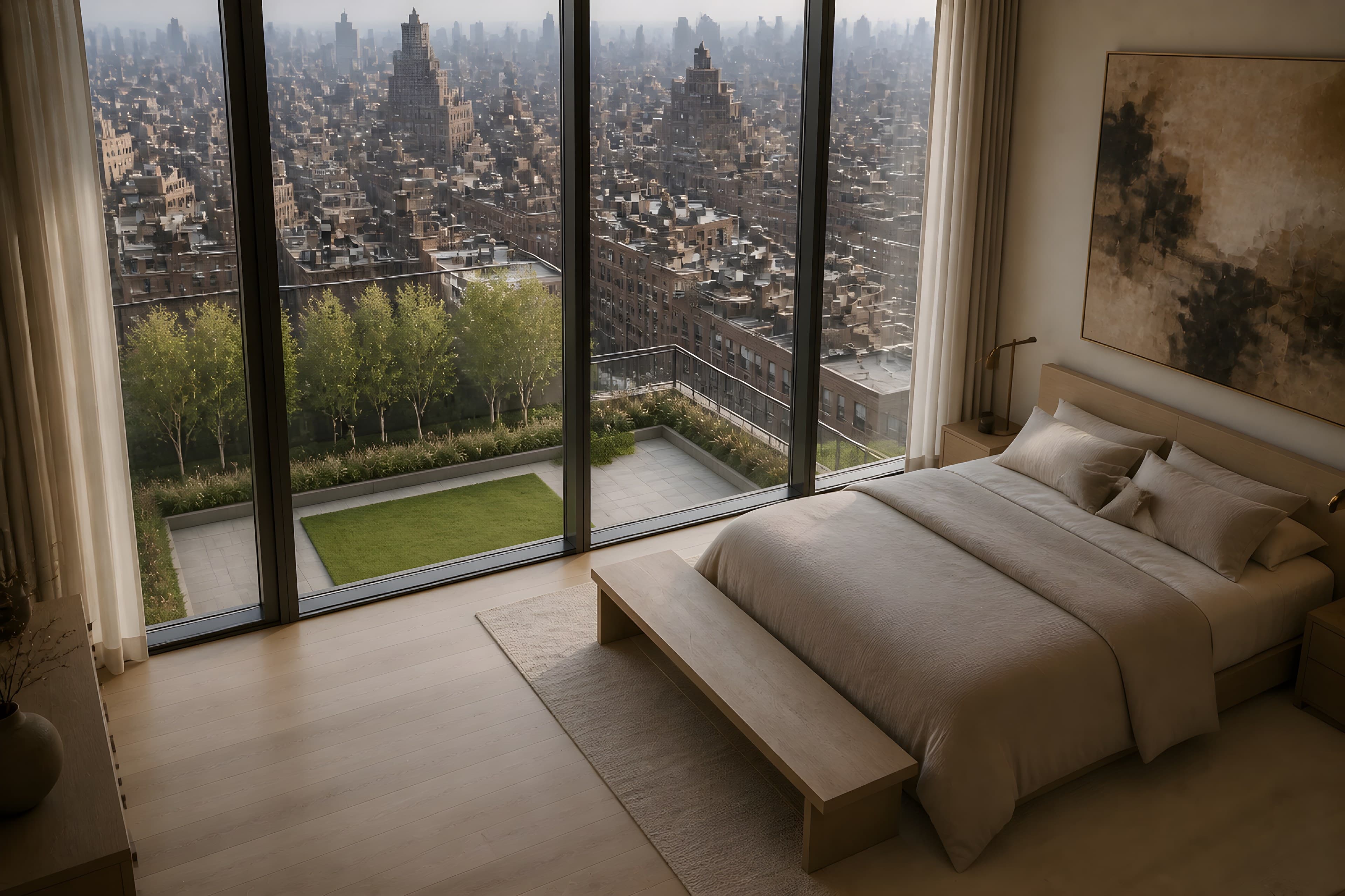 The primary bedroom on the upper floor looking south and down onto the garden terrace one level below, the city dense beyond