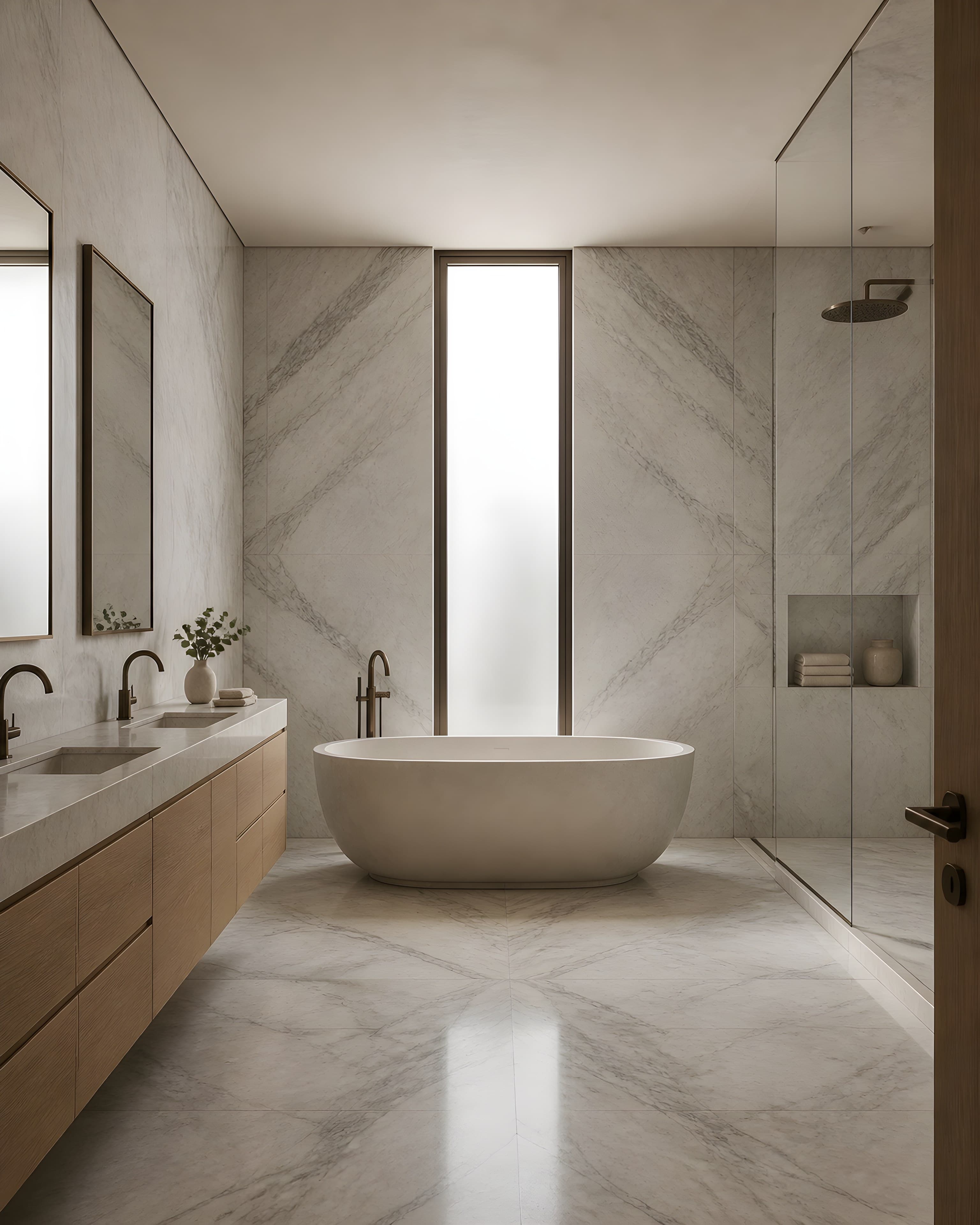 The primary bathroom in book-matched pale marble with a freestanding stone tub before a tall slot of frosted glazing, oak vanity and bronze fittings