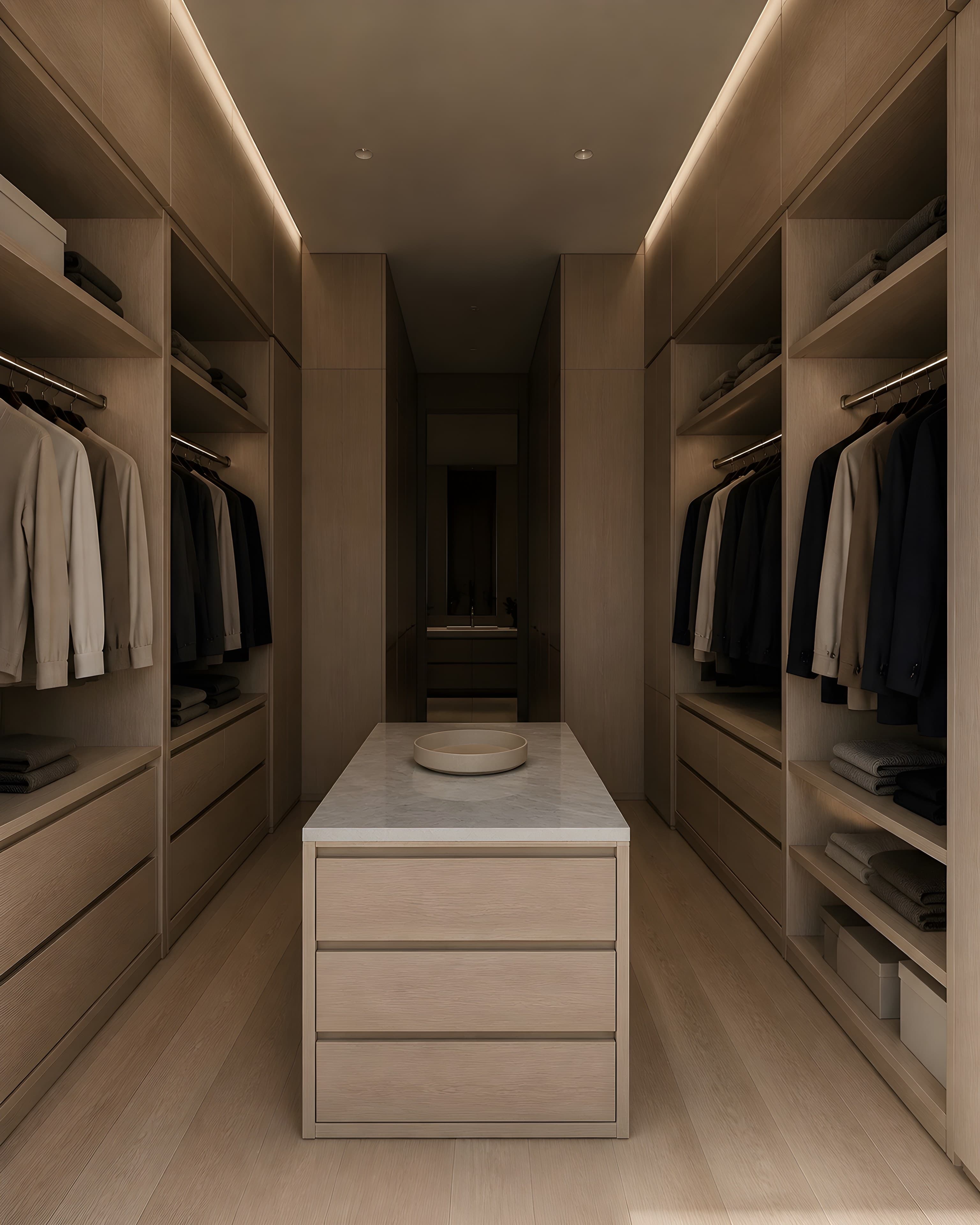 The dressing room lined floor to ceiling in pale oak with bronze hanging rails and a marble-topped island