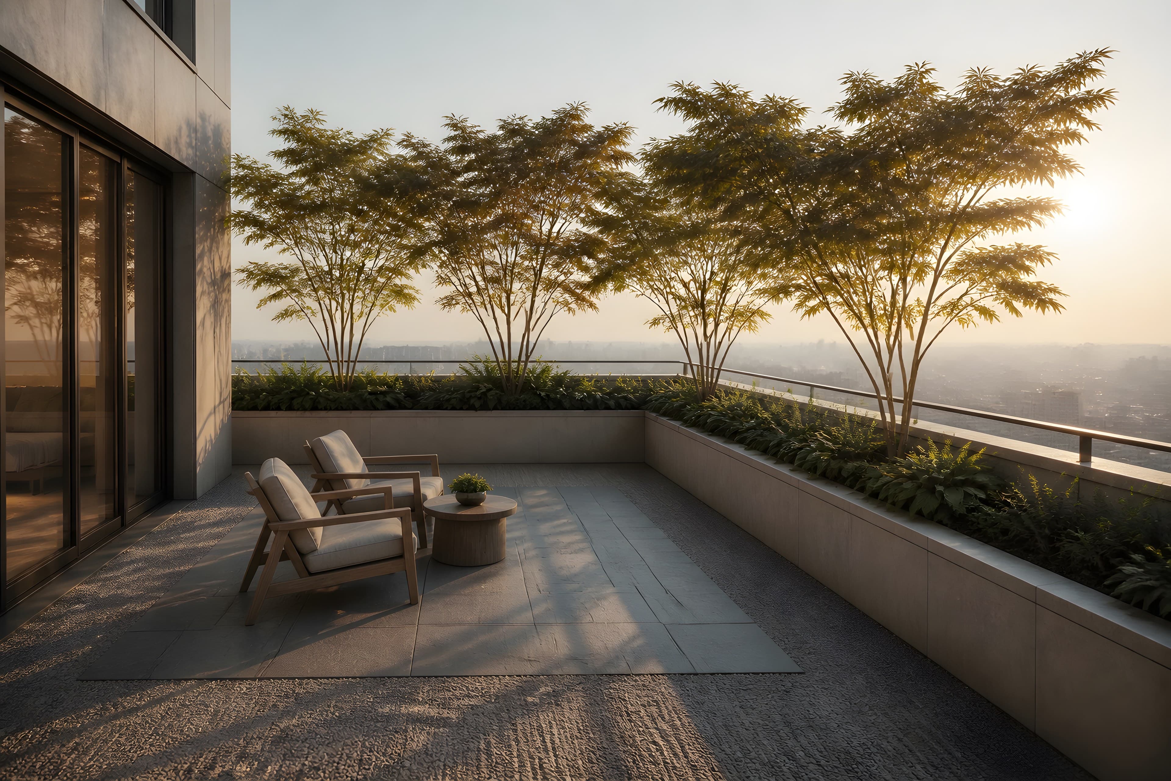 The upper terrace on the twenty-foot setback at first light, Japanese maples backlit above a planted border, gravel and bluestone underfoot, the city in morning haze east