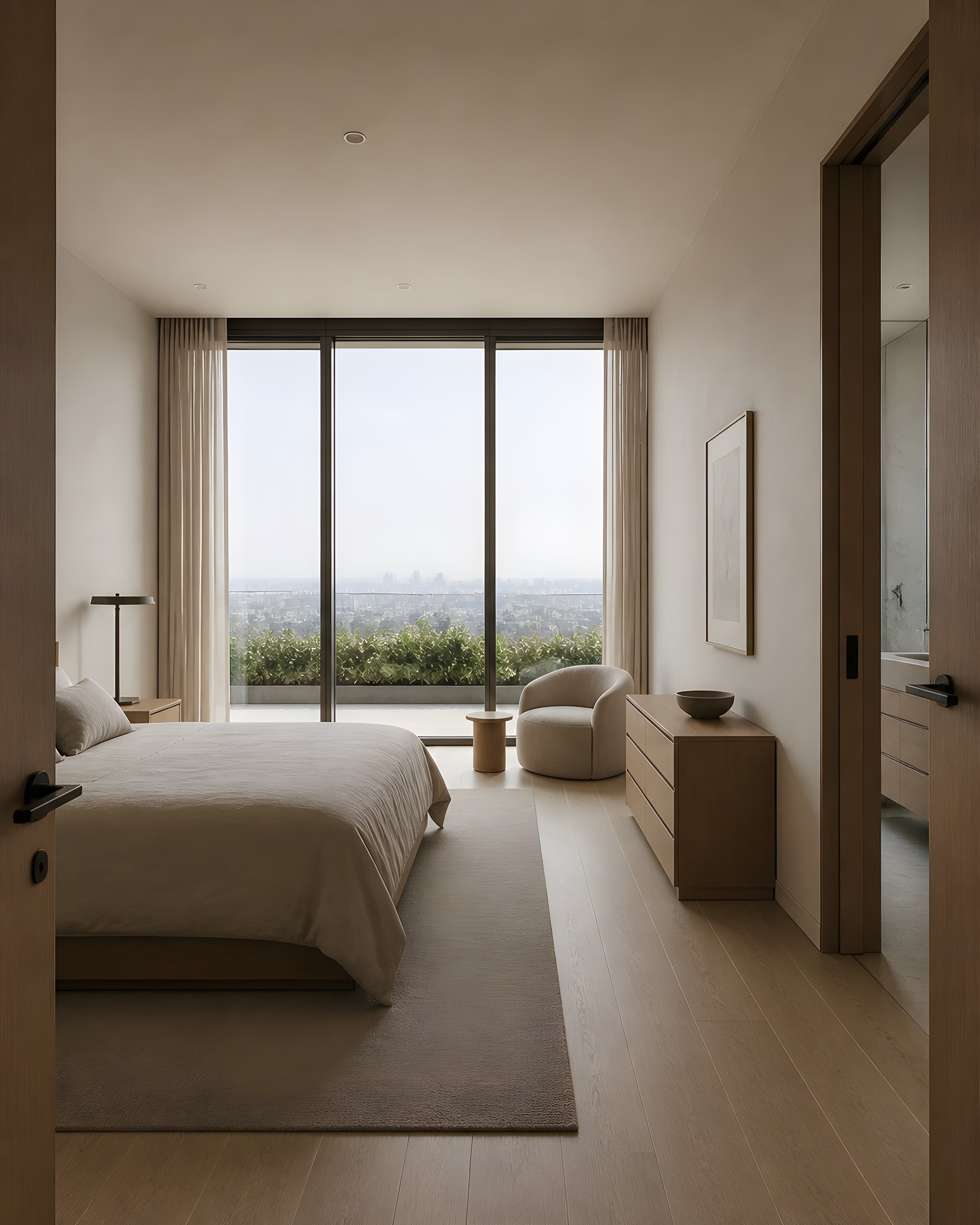 A secondary bedroom facing south over the terrace planting with pale oak floors, plaster walls and an en-suite door ajar