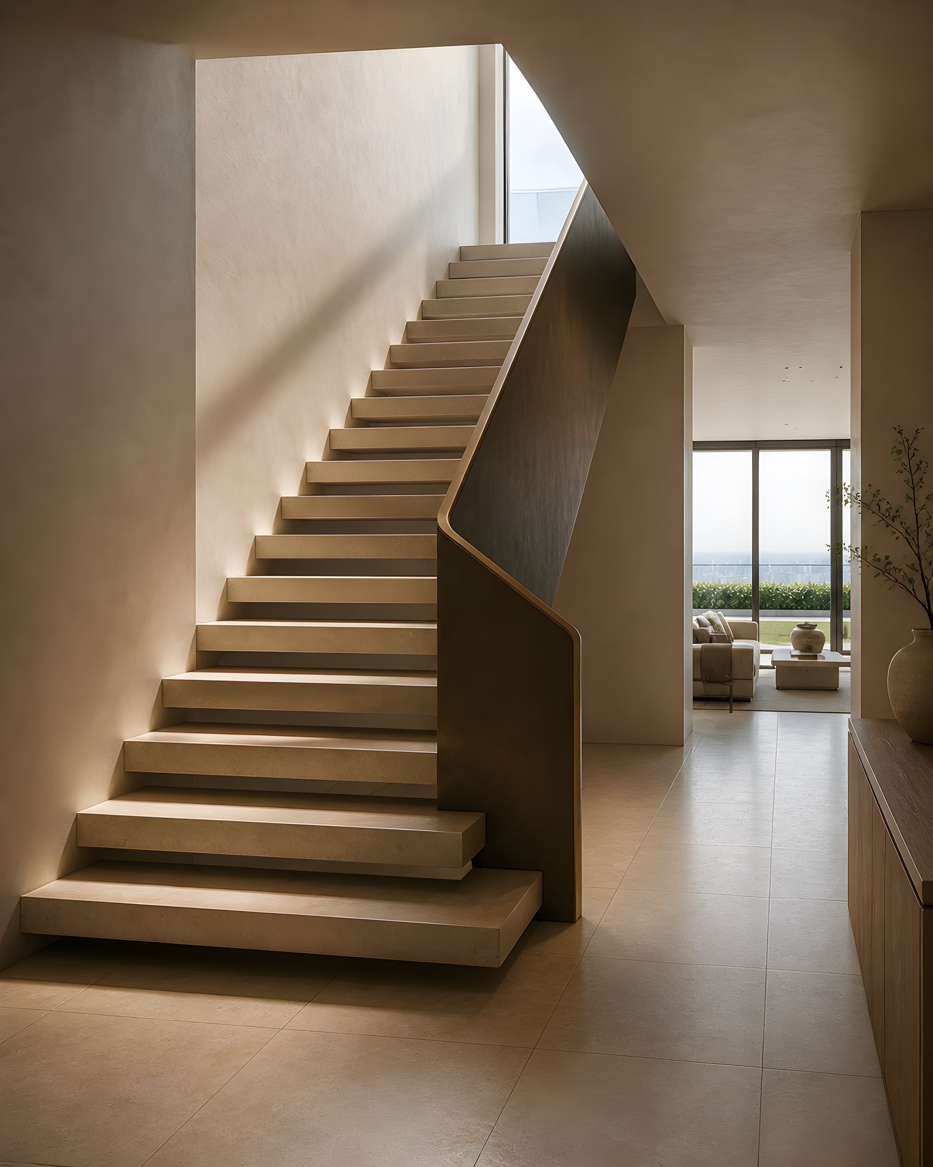 The principal stair with cantilevered limestone treads and a single continuous plane of dark patinated bronze forming the balustrade