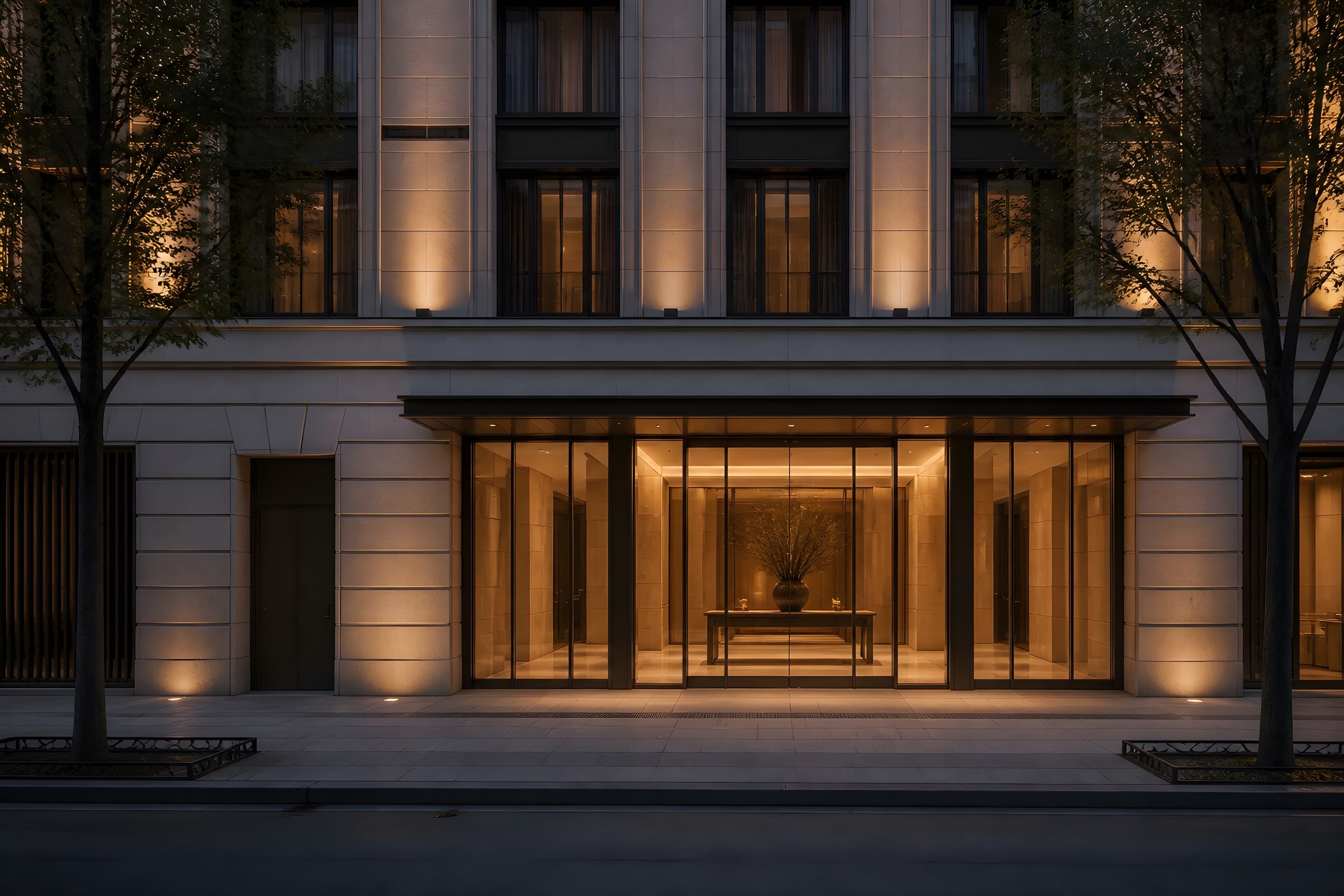 The building entrance at dusk: a rusticated limestone base, bronze canopy and glazed doors, the lit lobby beyond, with the service door and ventilation bay visible alongside