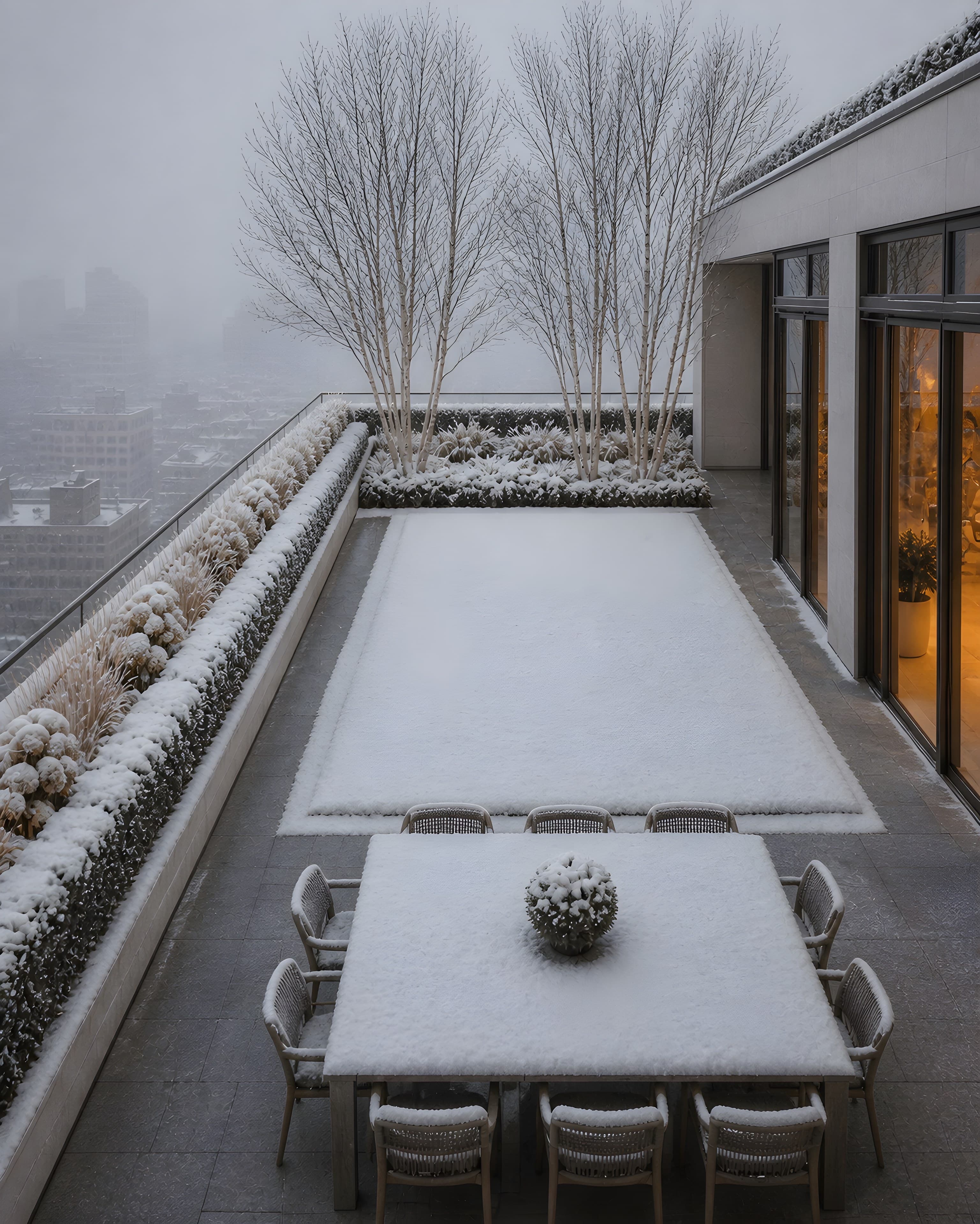 The terrace under fresh snow, bare white birch, tan seed heads standing on the grasses, clipped hedging holding its line, the city half-erased by weather