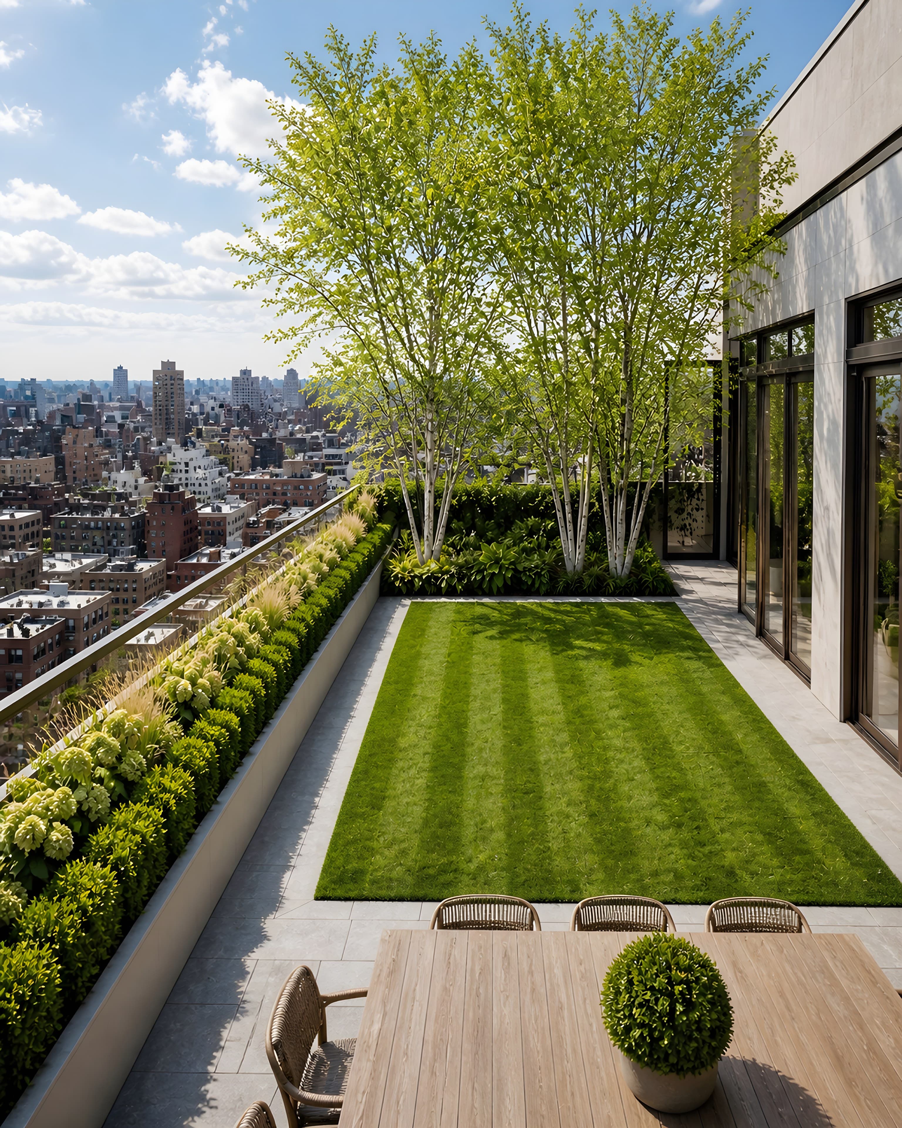 The terrace in late spring under a bright sky, birch in fine new leaf, the lawn freshly cut and striped, hydrangea budding in the outer planter
