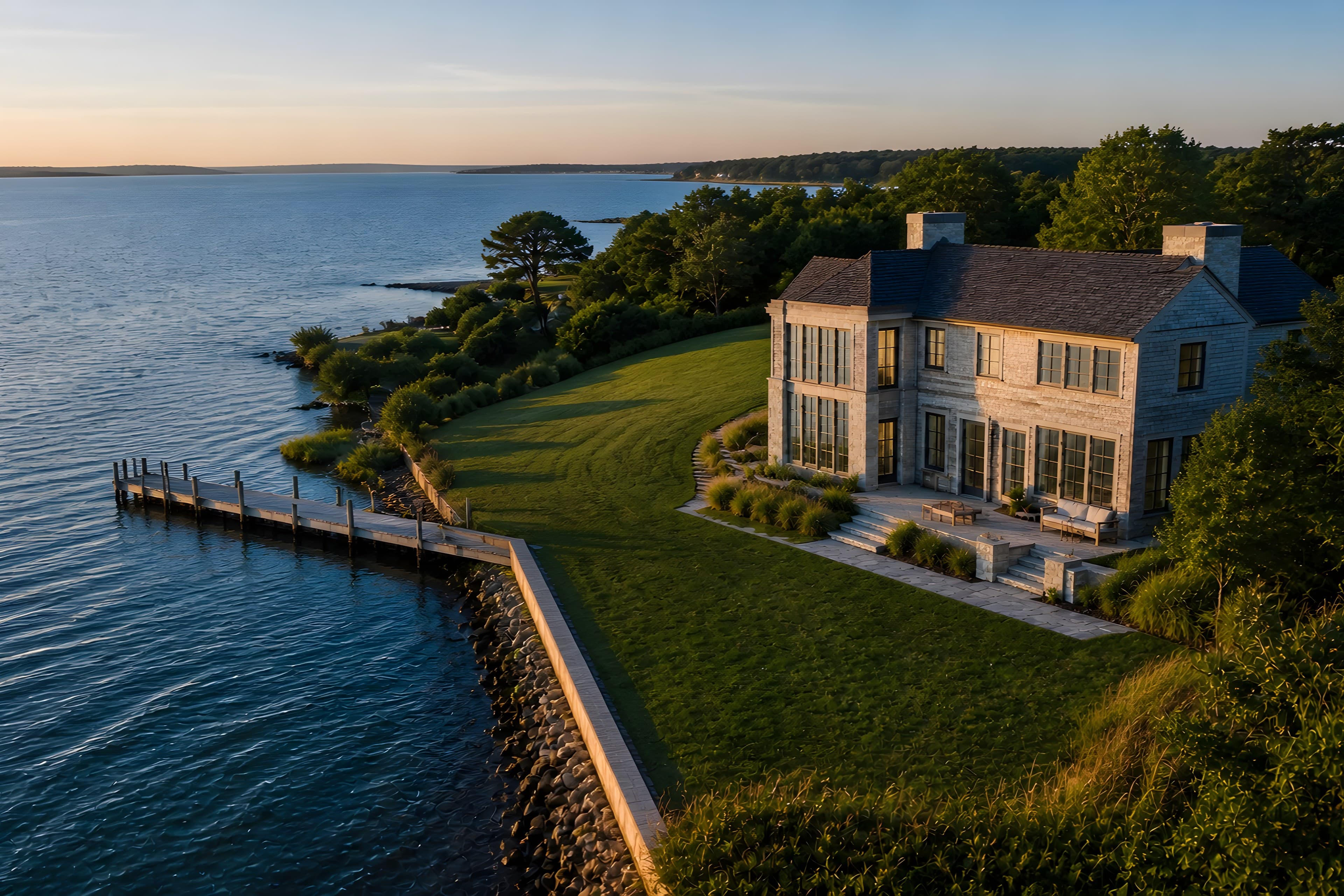 Aerial view of the waterfront estate at golden hour showing the house, lawn, bulkheaded frontage, dock, and the bay beyond