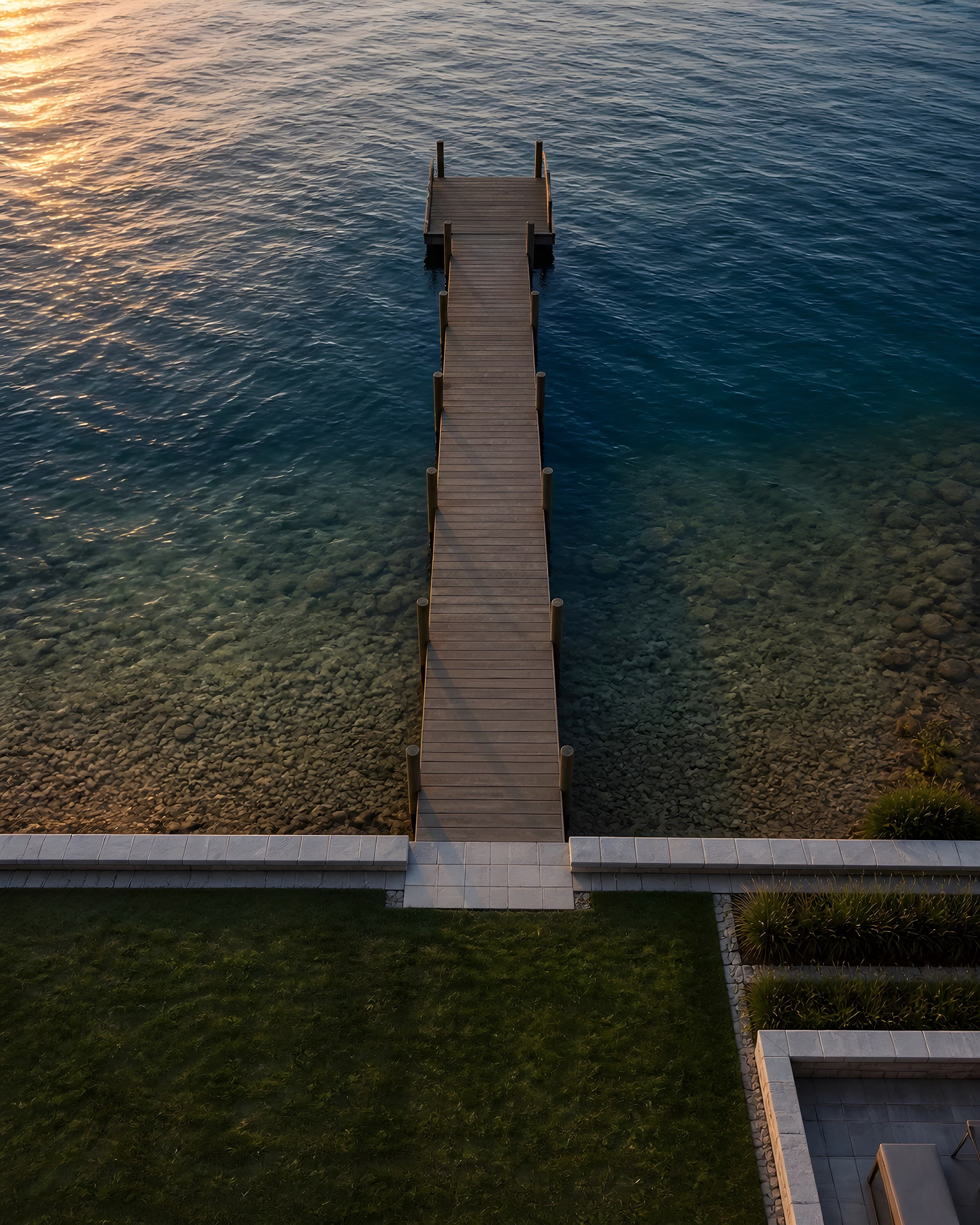 Aerial view looking down the length of the private dock, the water shallowing pale over sand at the bulkhead and deepening to channel blue at the float