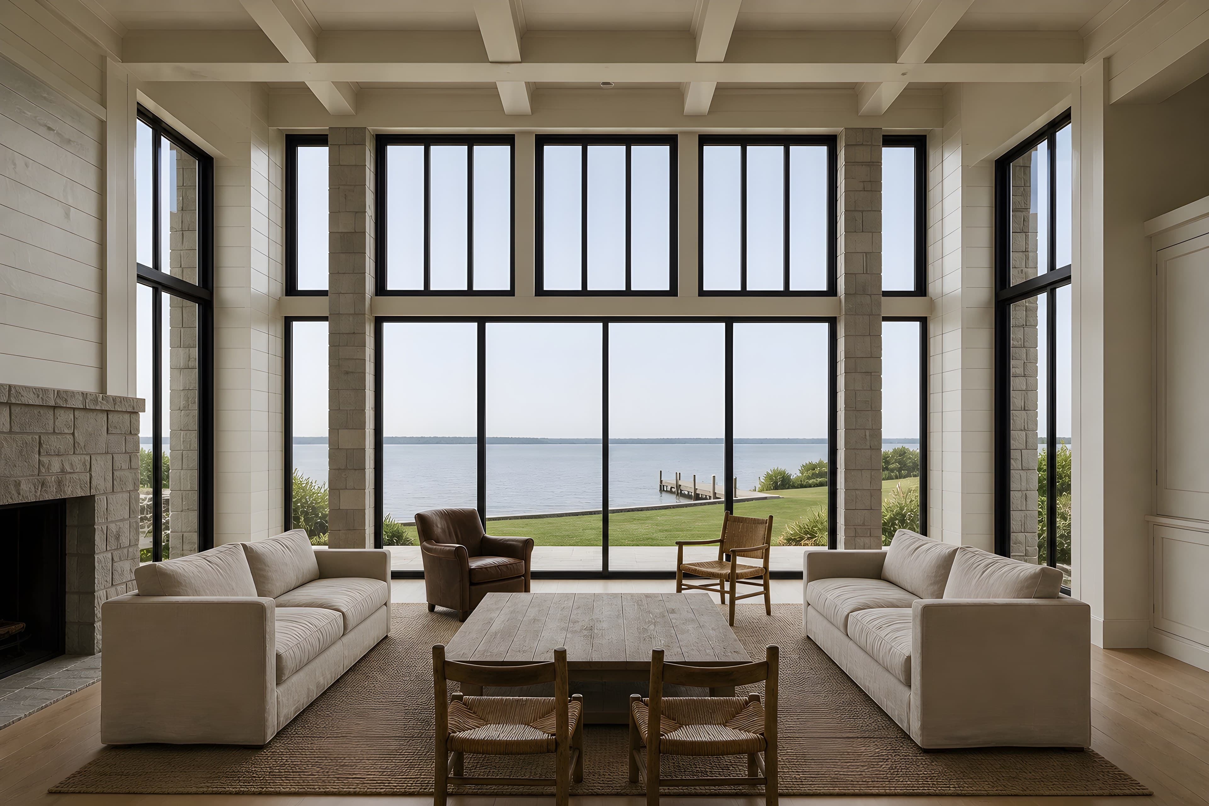 The principal living room in morning light, its full-height window wall opening to the lawn, dock and bay