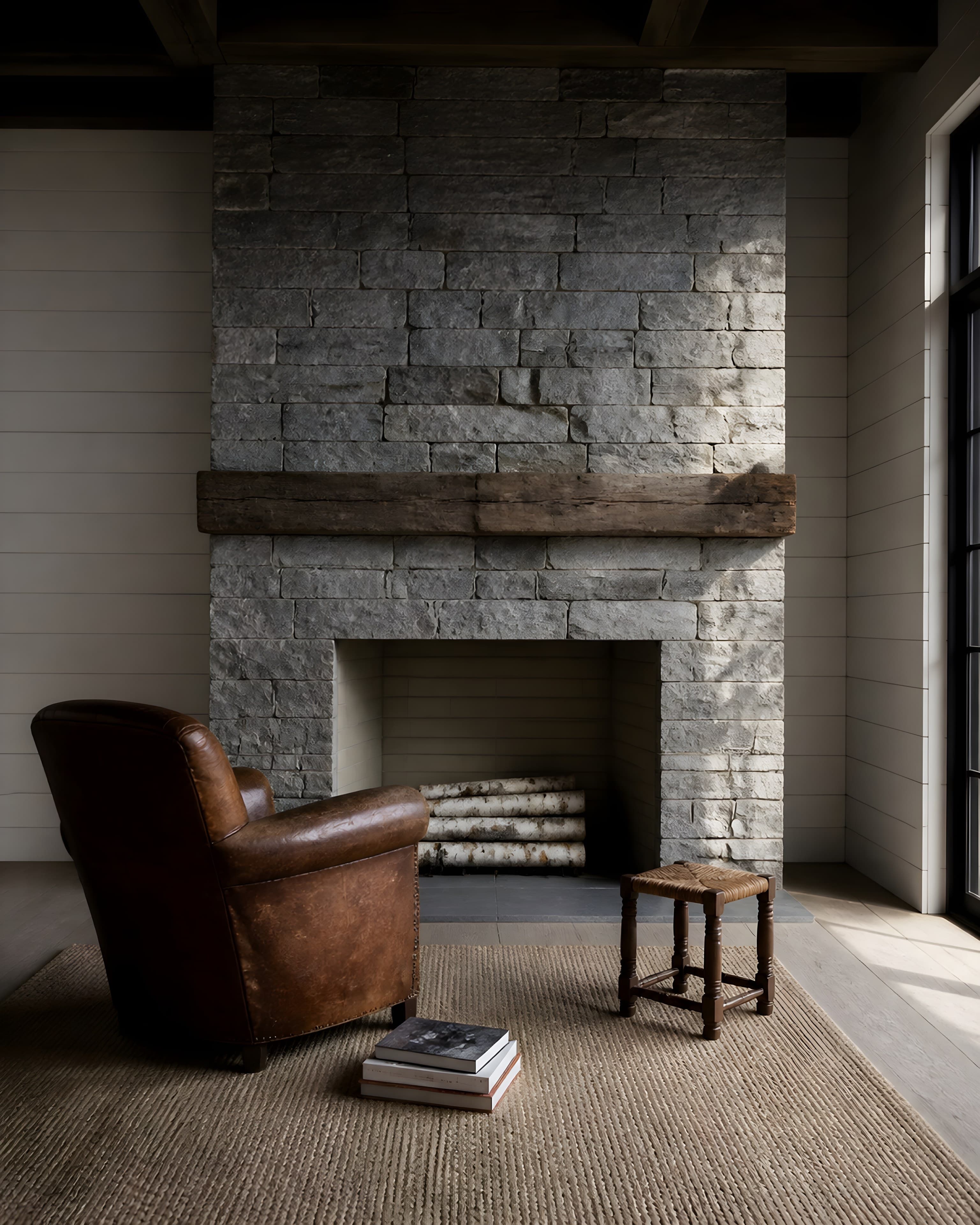 The hearth end of the living room, an ashlar stone chimney breast rising to painted beams, a leather chair drawn to the fire