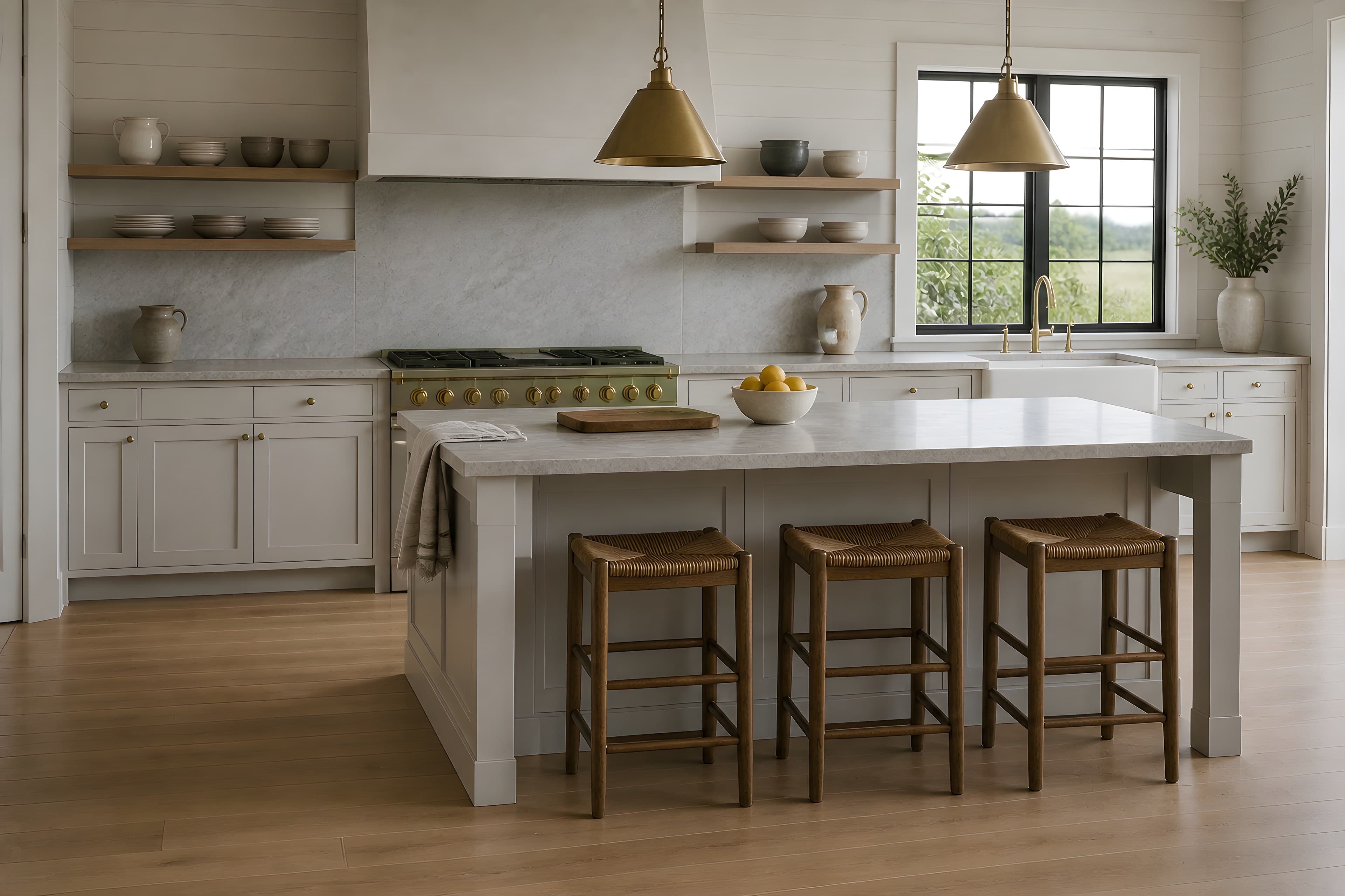 The kitchen along its length: marble island, brass-and-steel range under a plastered hood, and a window to the lawn