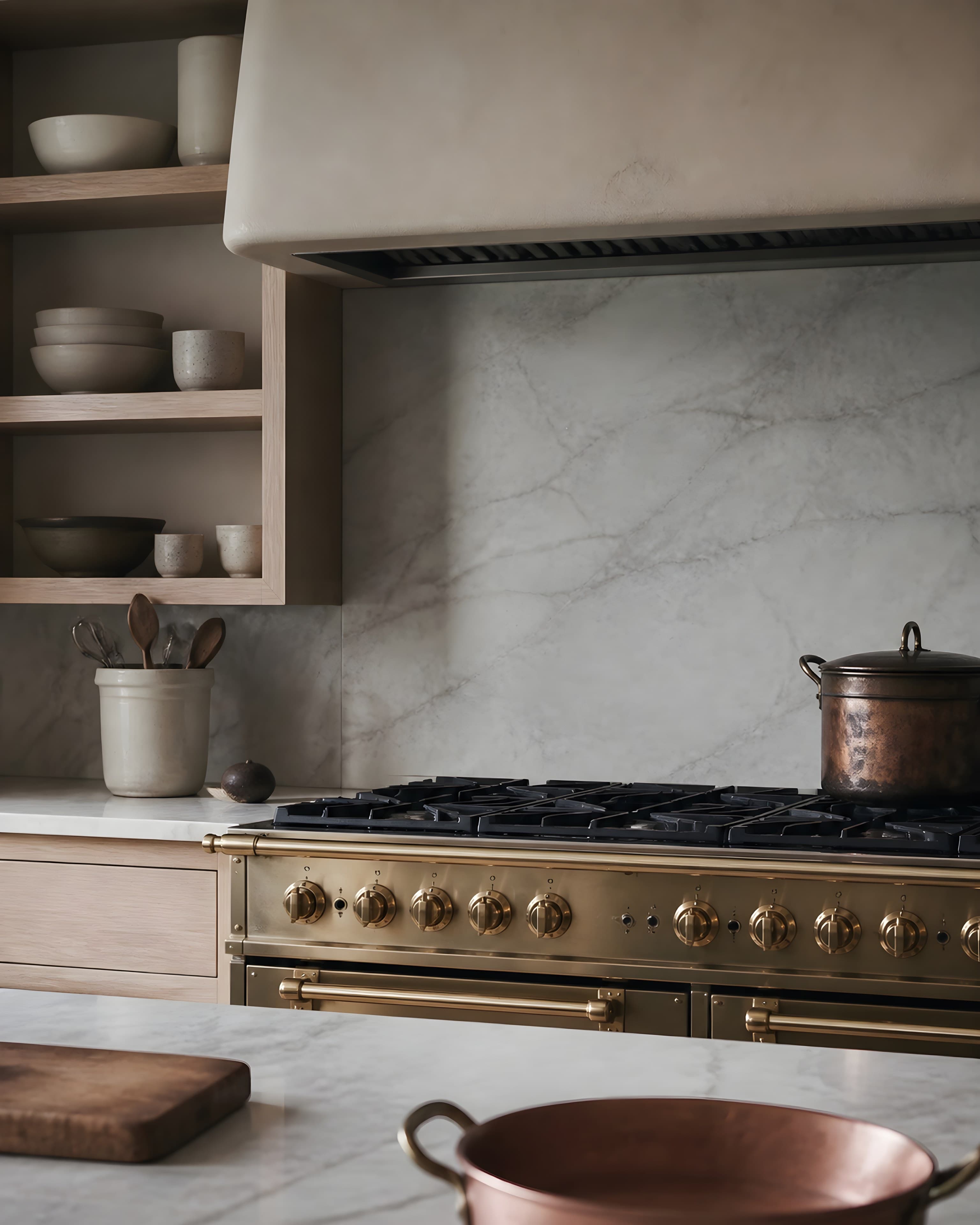 Detail of the brass-and-steel range beneath its plastered hood against honed marble