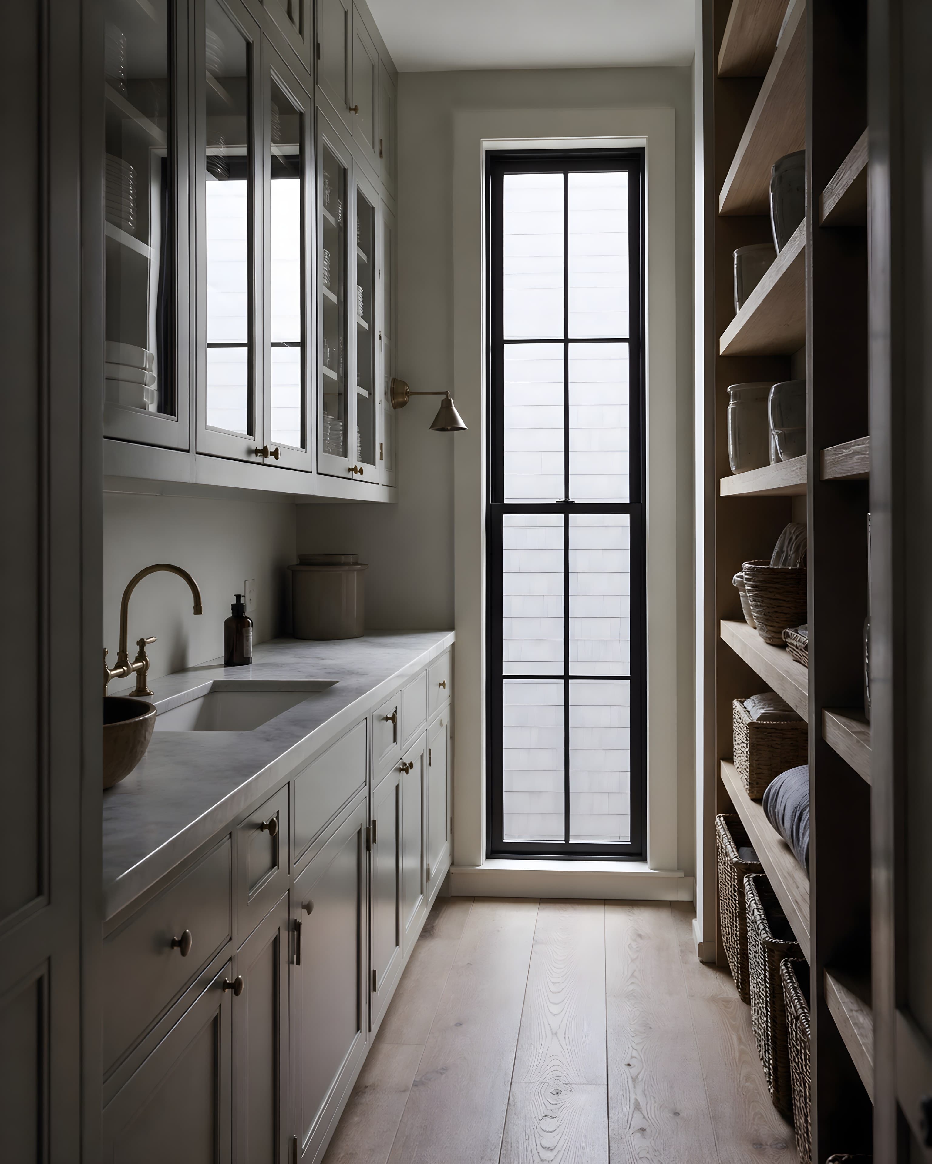 The scullery behind the kitchen, glass-fronted cabinets of stacked china above a marble counter and brass tap