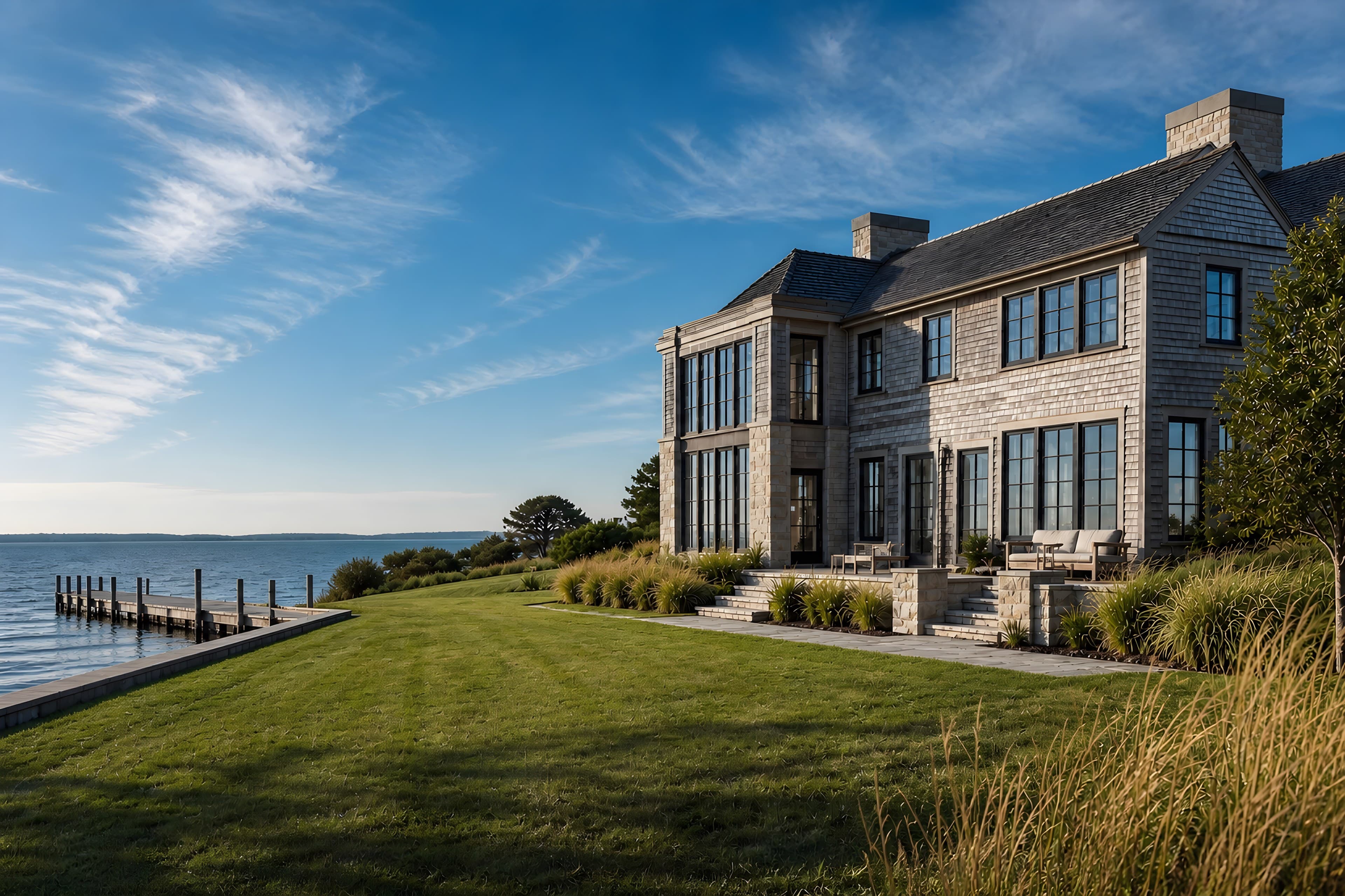 The full water elevation of the residence from the lawn in clear daylight, showing the two-story glazed bay, the terrace and grasses, both chimneys, and the lawn running past the bulkhead to the dock