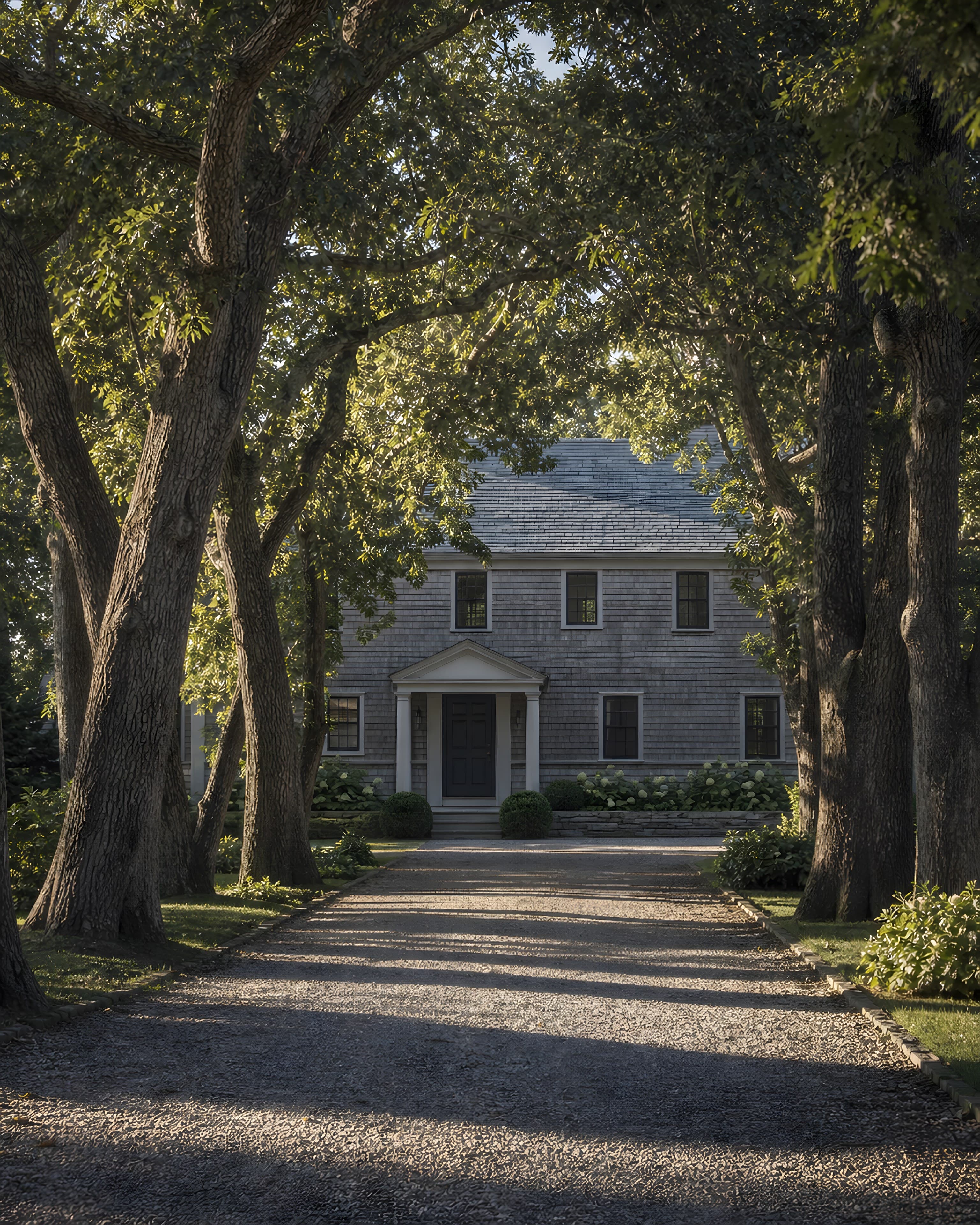 The pea-gravel drive running between mature oaks toward the entrance front in late afternoon light