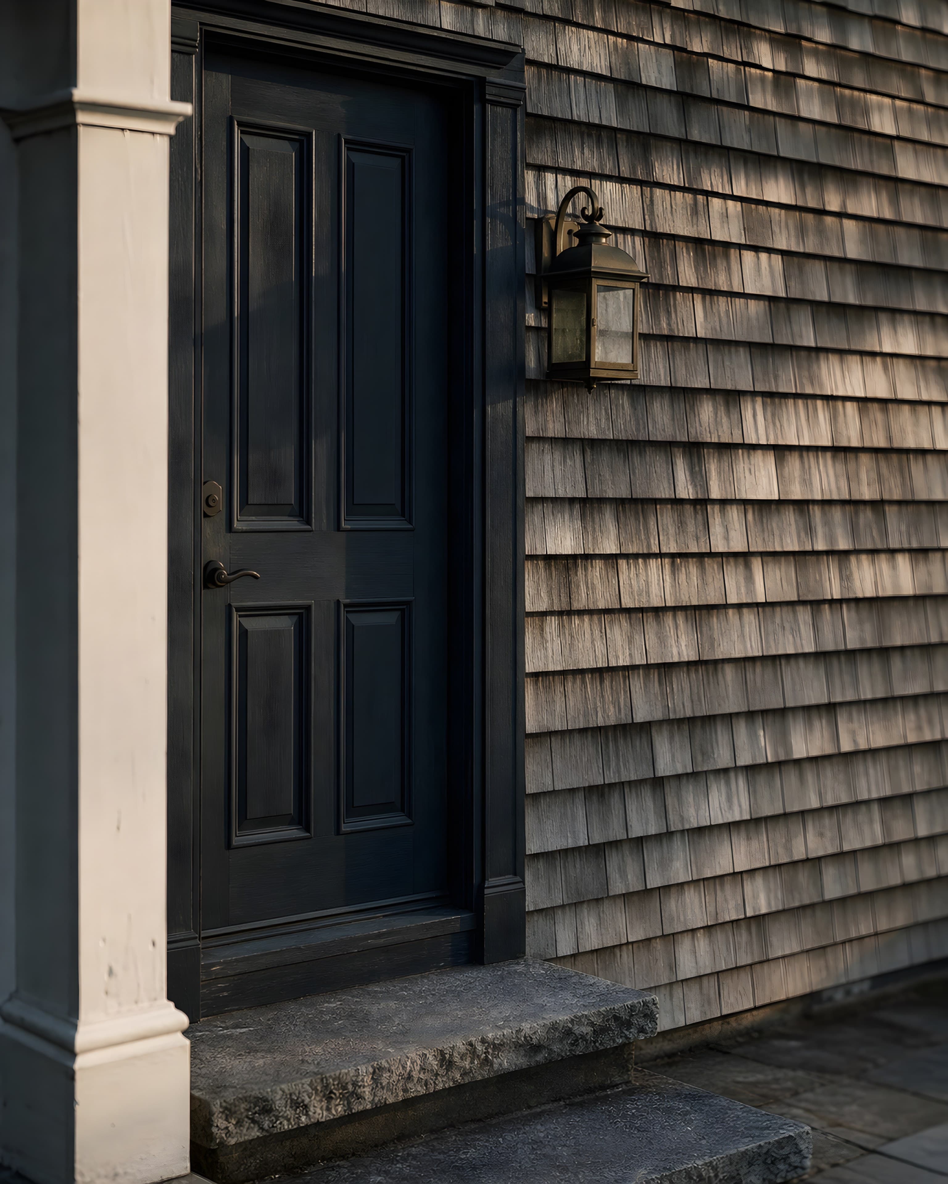 Close study of the dark blue-black paneled front door, bronze lever and weathered cedar shingle in raking light