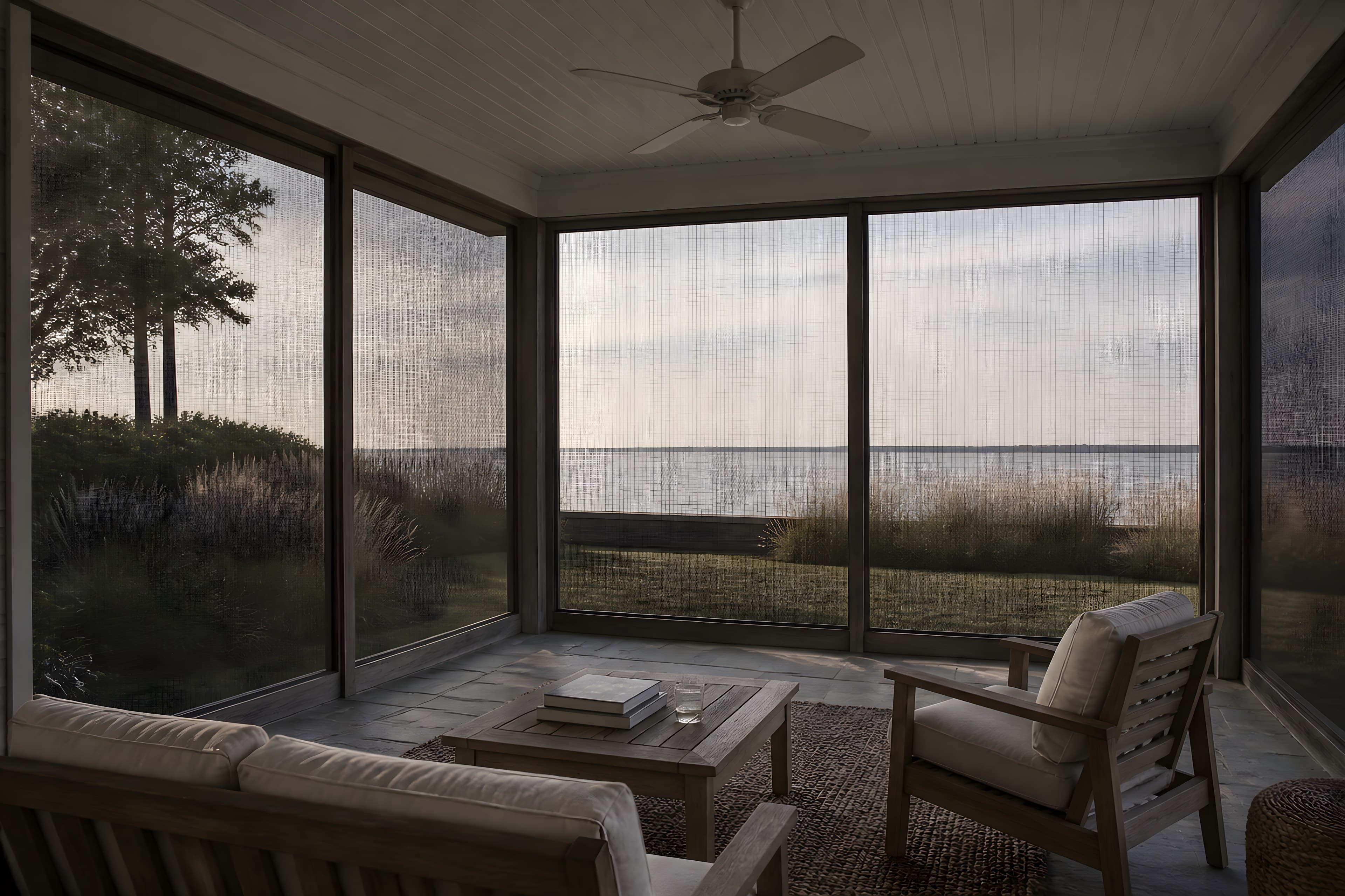 The screened porch at the west end in soft gray afternoon light, teak seating on bluestone, the bay beyond the mesh
