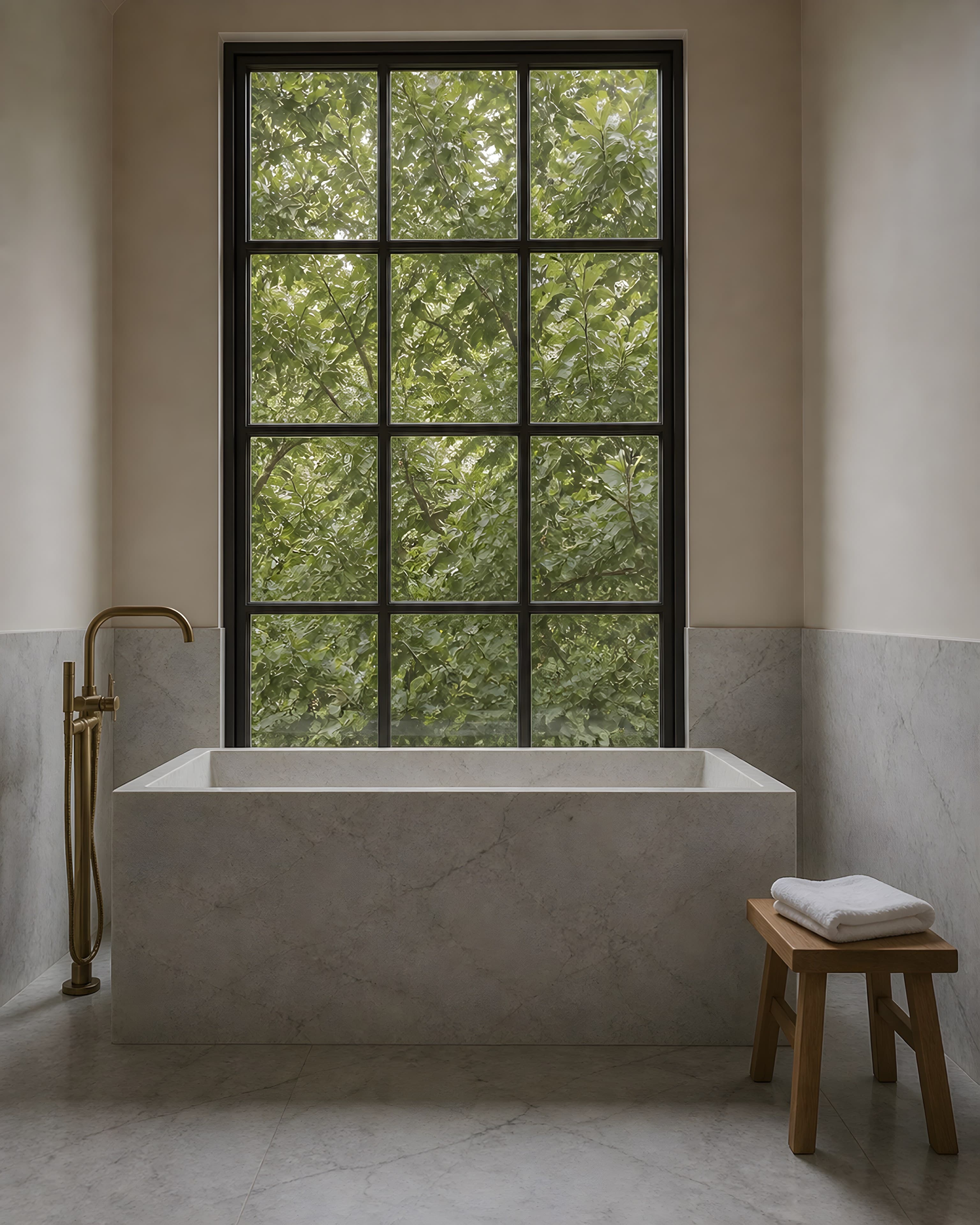 The primary bath, a freestanding honed marble tub set square before a tall window looking into oak crowns