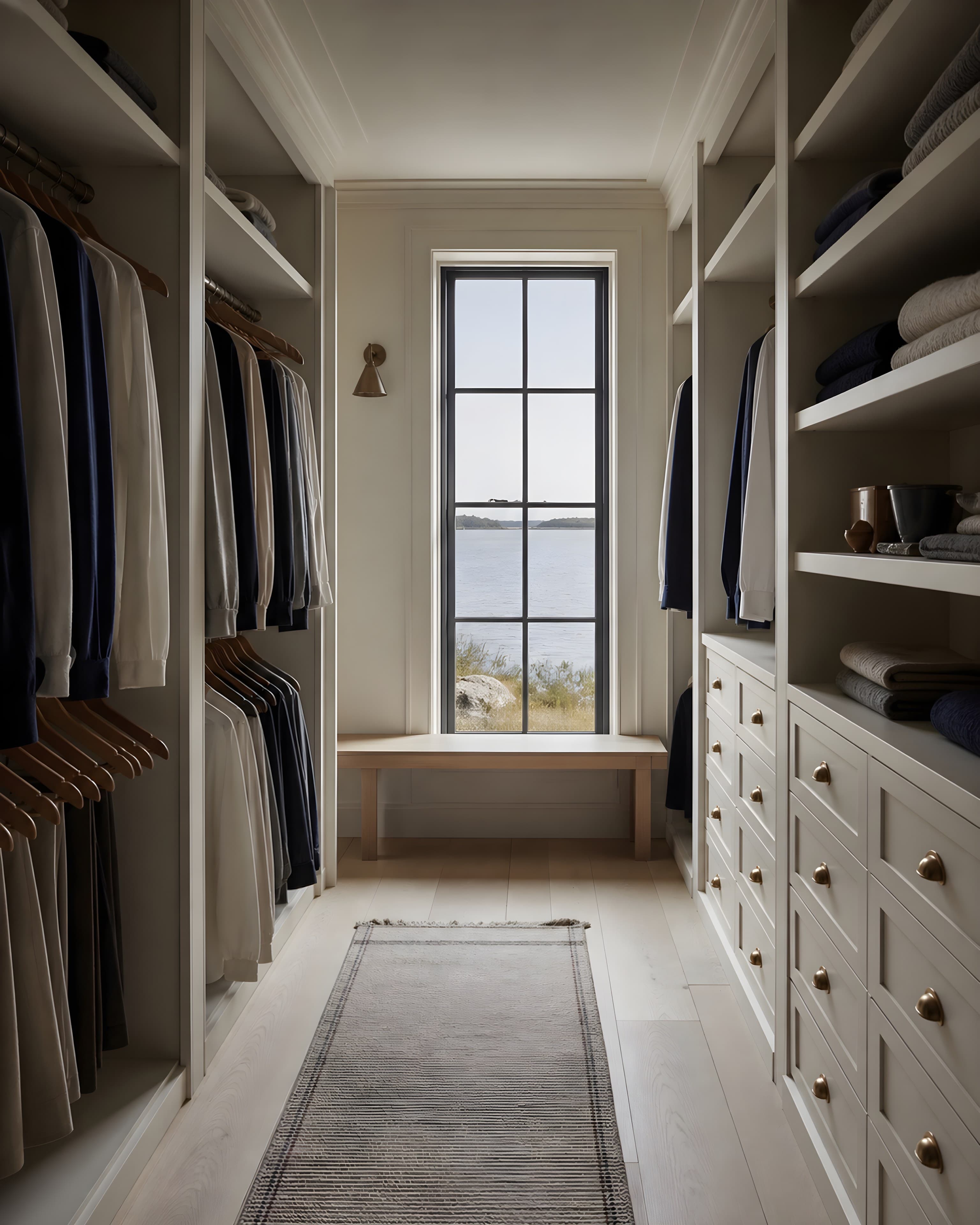 The dressing room, fitted painted joinery with hanging and open shelving lit from a casement at the end
