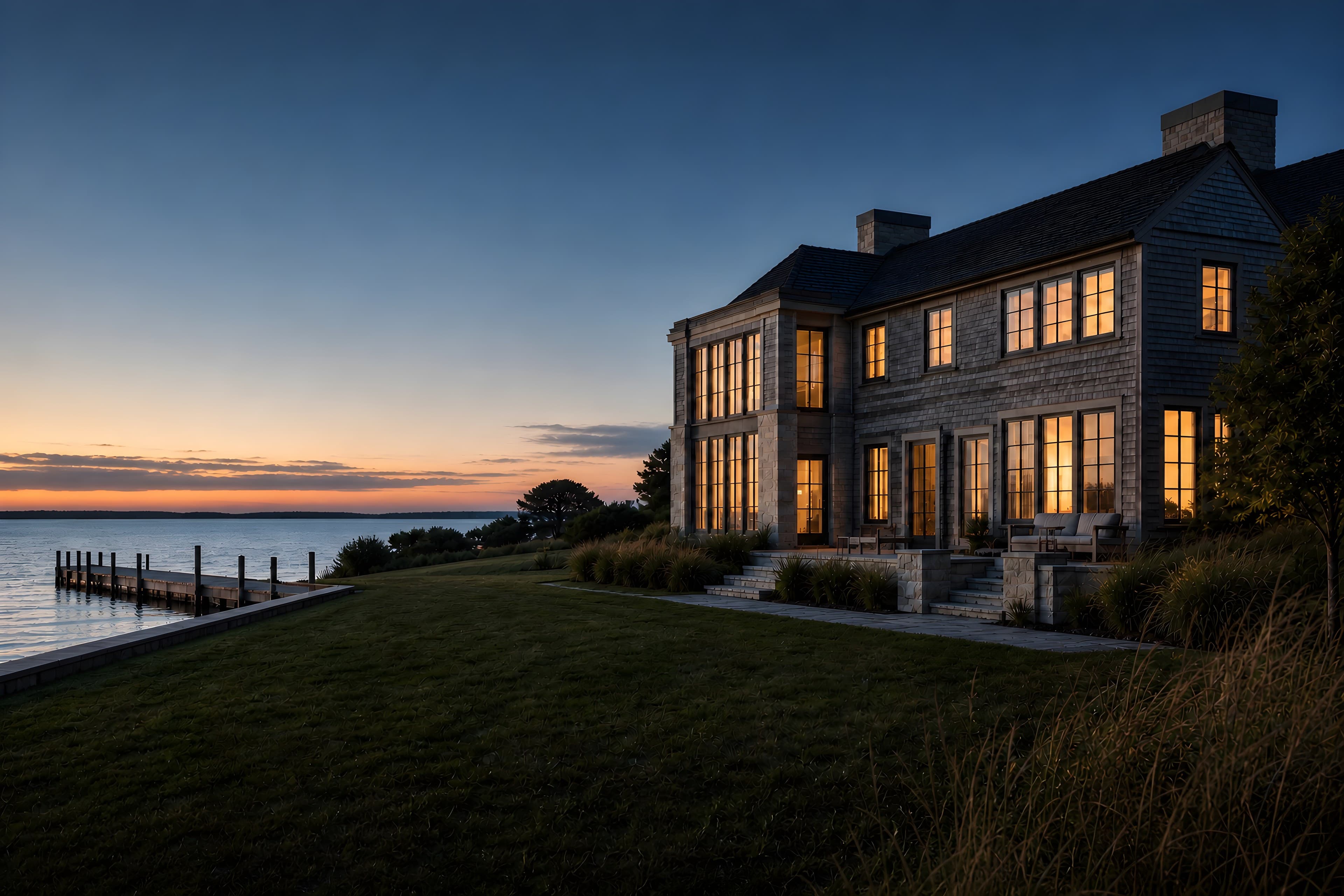 The bluestone terrace at dusk, teak seating and grasses, broad steps dropping to the lawn with the house lit behind