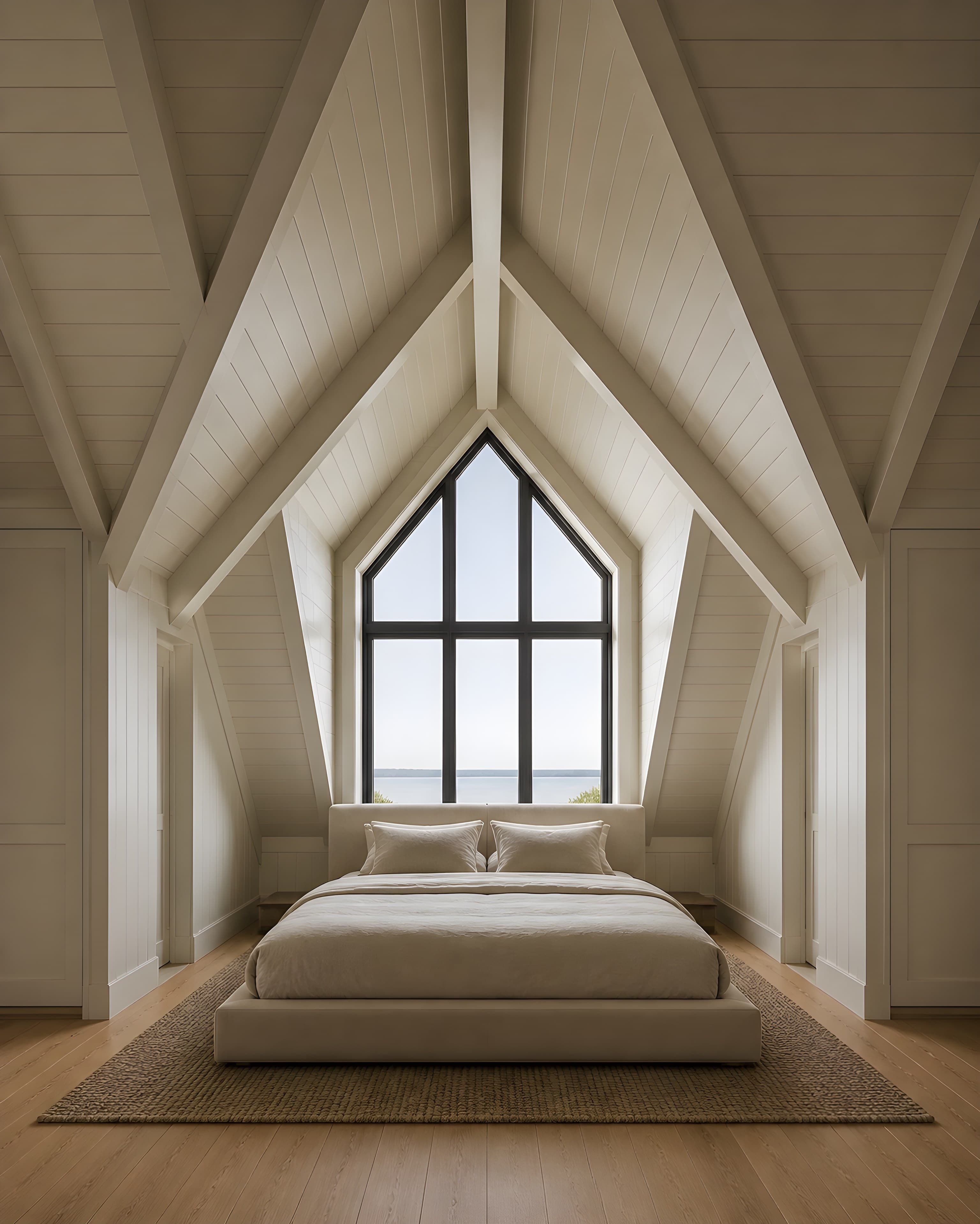A guest bedroom under the eaves, a low linen bed beneath a sloped ceiling facing a tall gable window onto the bay