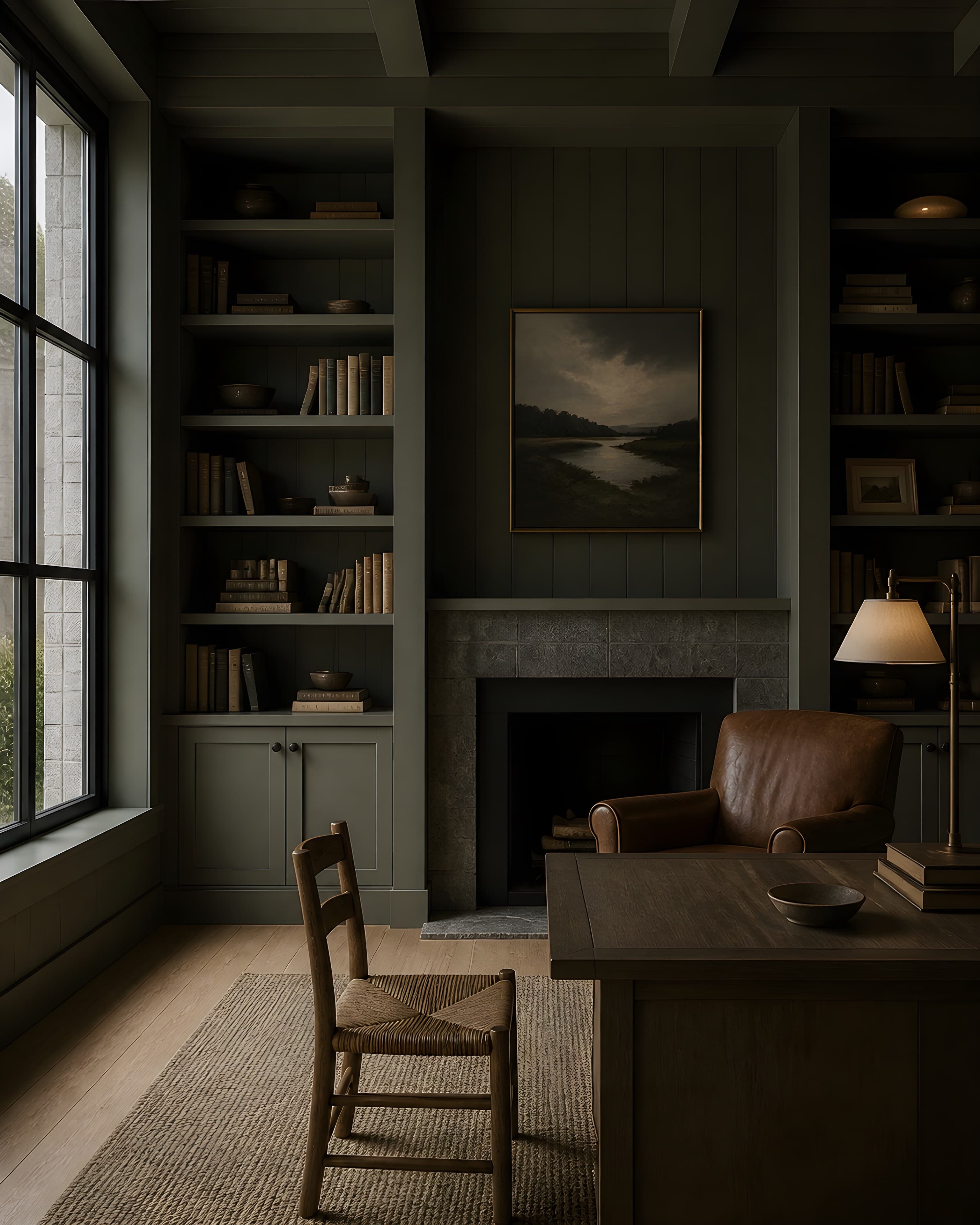 The study in deep gray-green paneling, filled bookshelves and an oak writing table before a window into trees