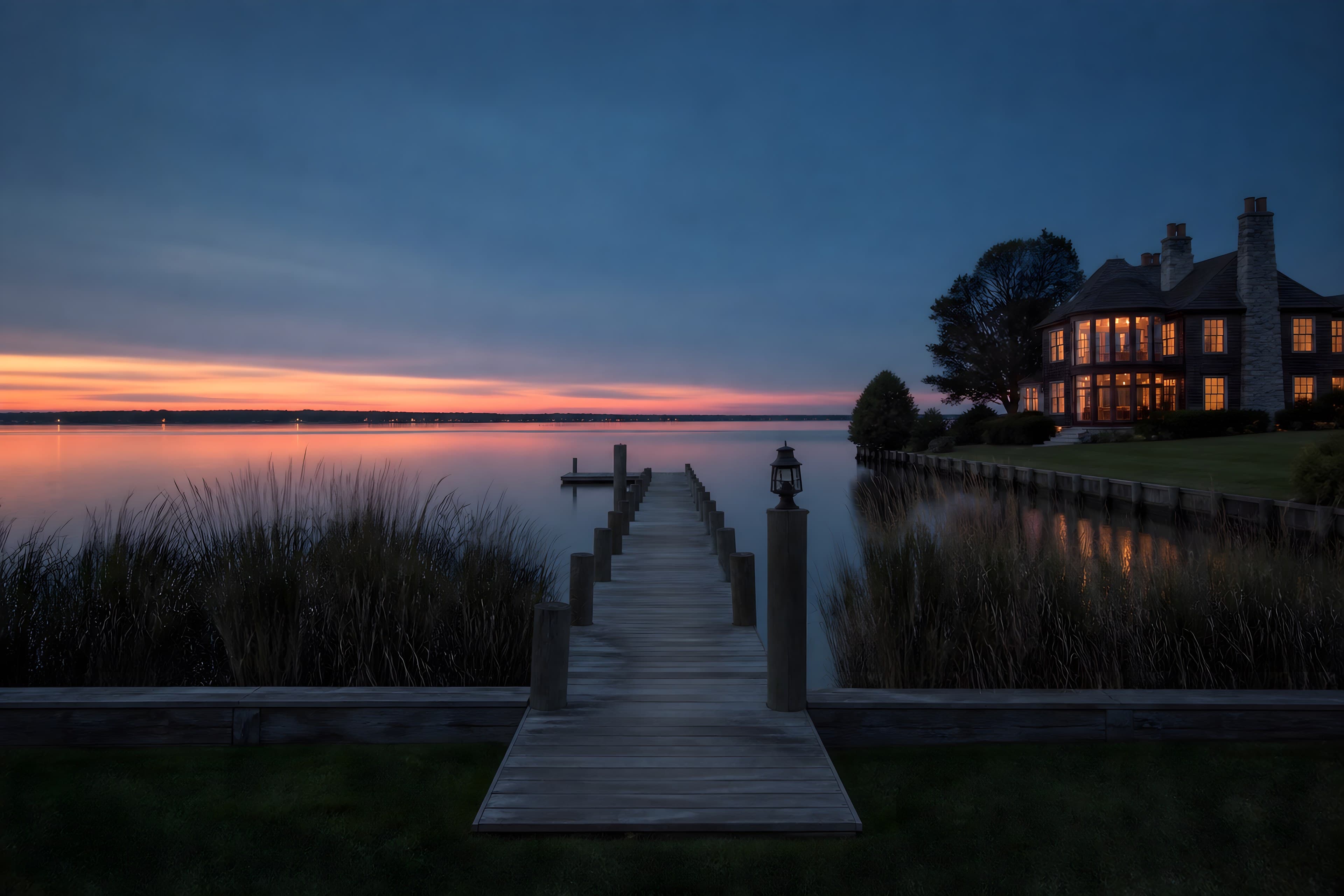 The dock running out into the bay at blue hour seen from the bulkhead, the lit house behind and to the right