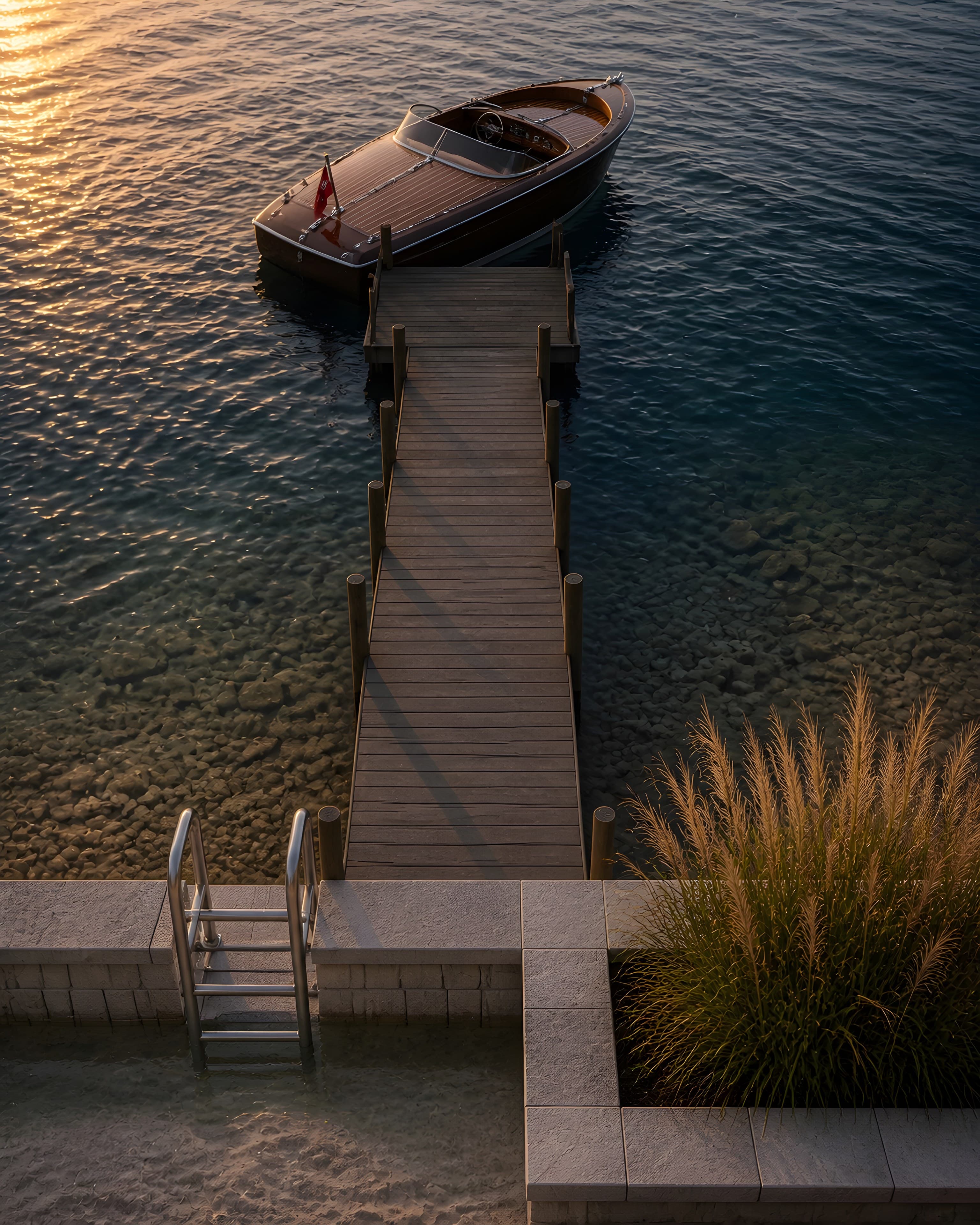 A classic wooden runabout tied alongside the float at dusk on flat calm water