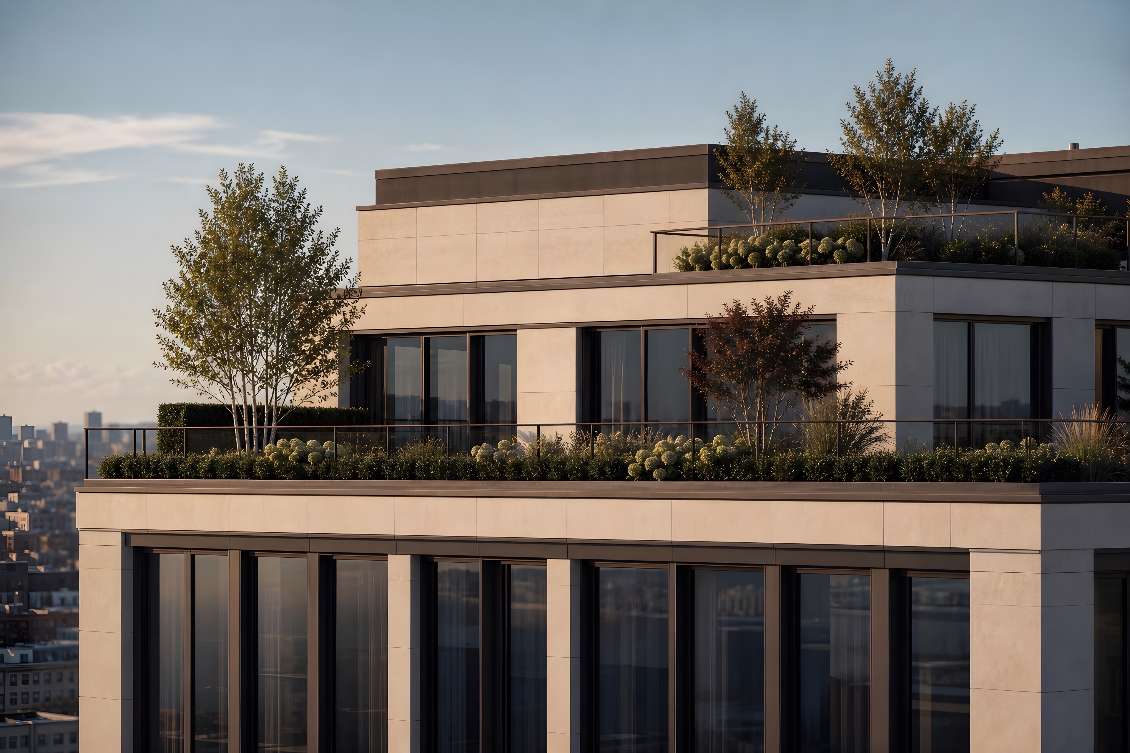 The top two floors of the limestone and bronze building seen from a neighboring rooftop, the twenty-second floor set back twenty feet at its east end with planted terraces on both levels