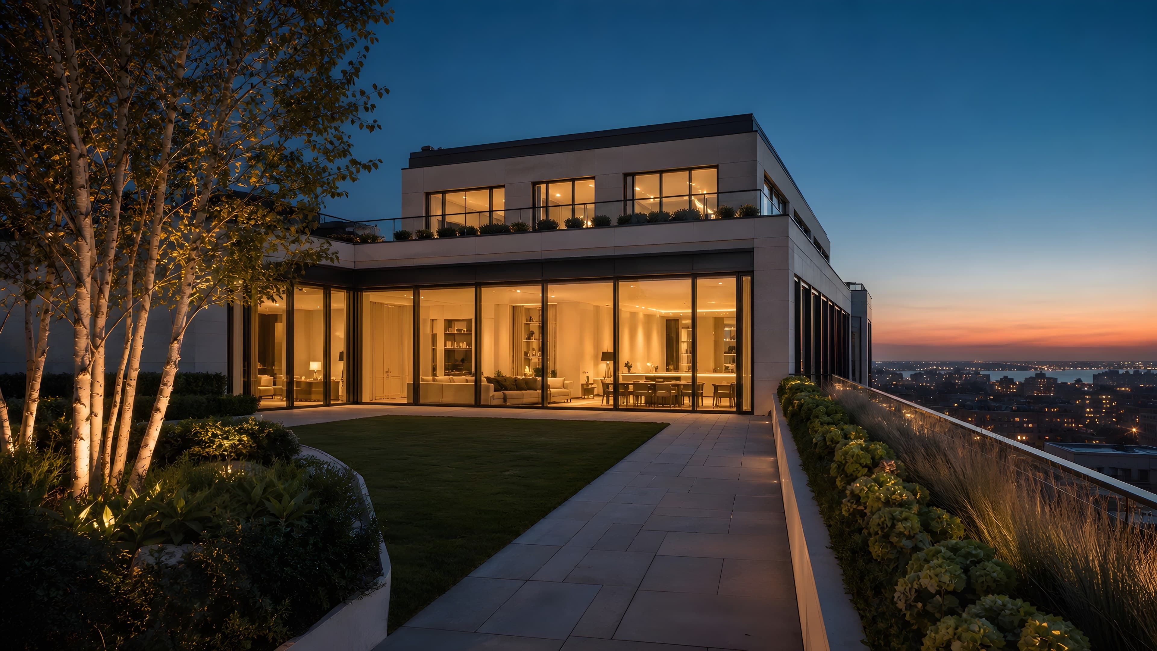 The residence at blue hour seen from the garden terrace: the glazed south face lit warm from within, the upper floor set back above it, birch and grasses in the foreground, and the city low beyond